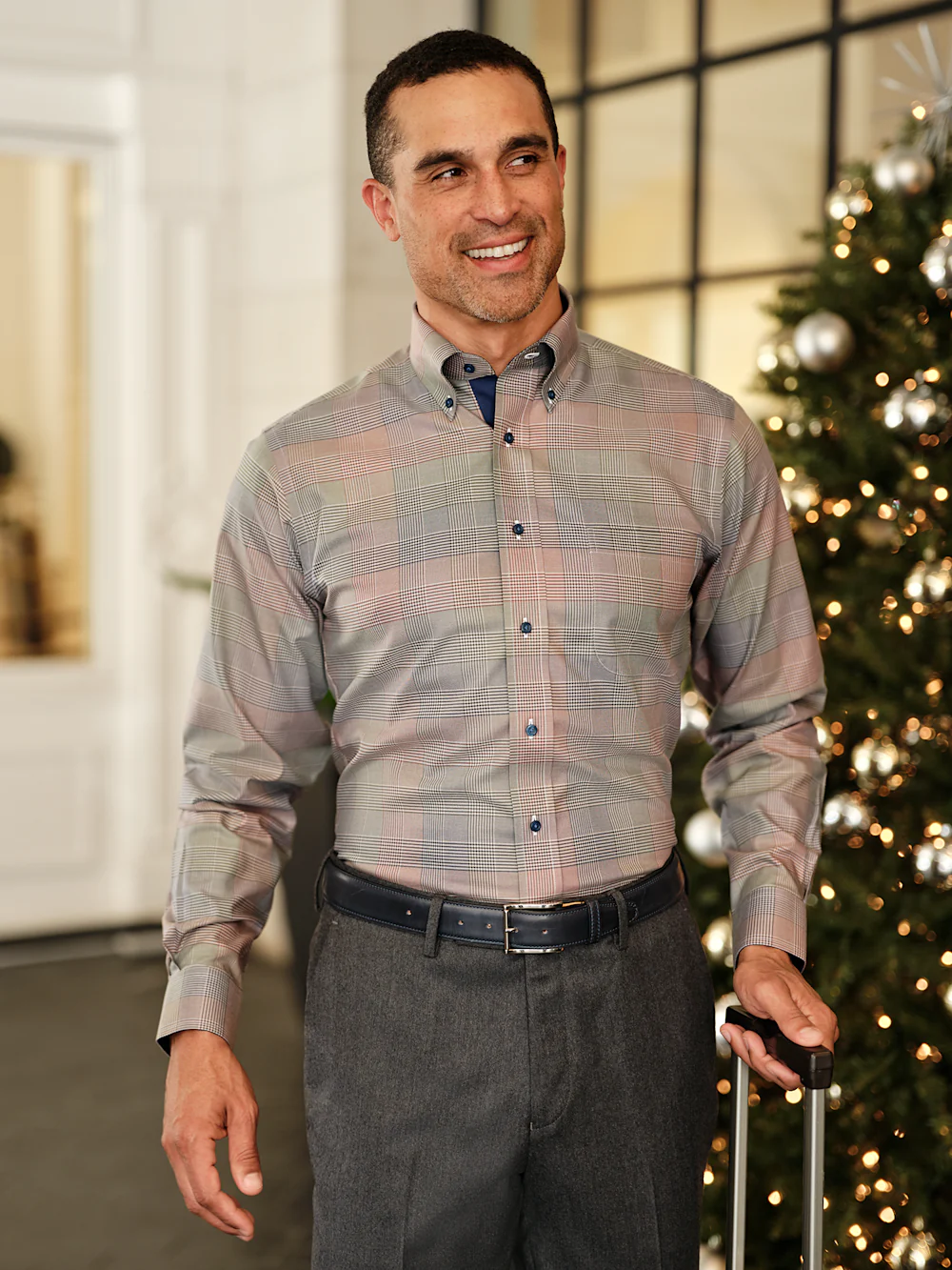 Comfort Stretch Non-Iron Plaid Dress Shirt With Contrast Trim - Multi - Image 8