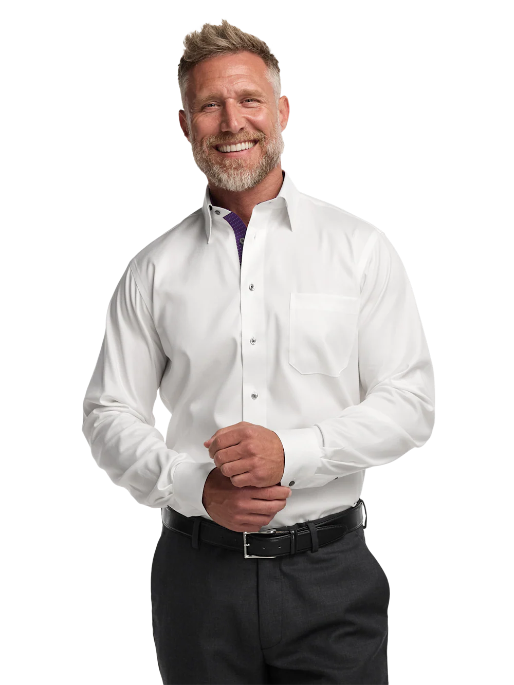 Comfort Stretch Non-Iron Solid Dress Shirt With Contrast Trim - White/purple - Image 2