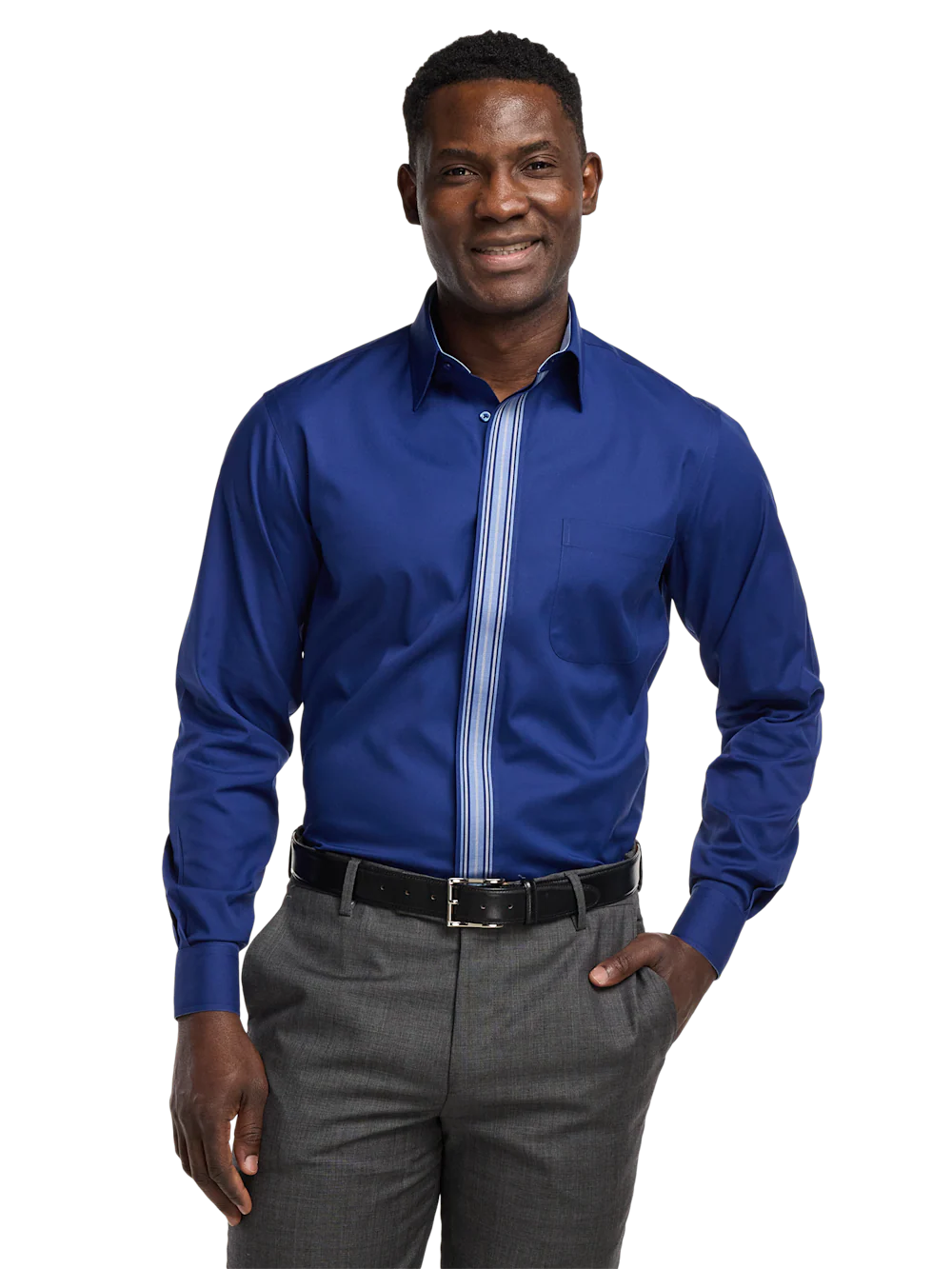 Comfort Stretch Non-Iron Solid Dress Shirt With Contrast Trim - Blue - Image 2