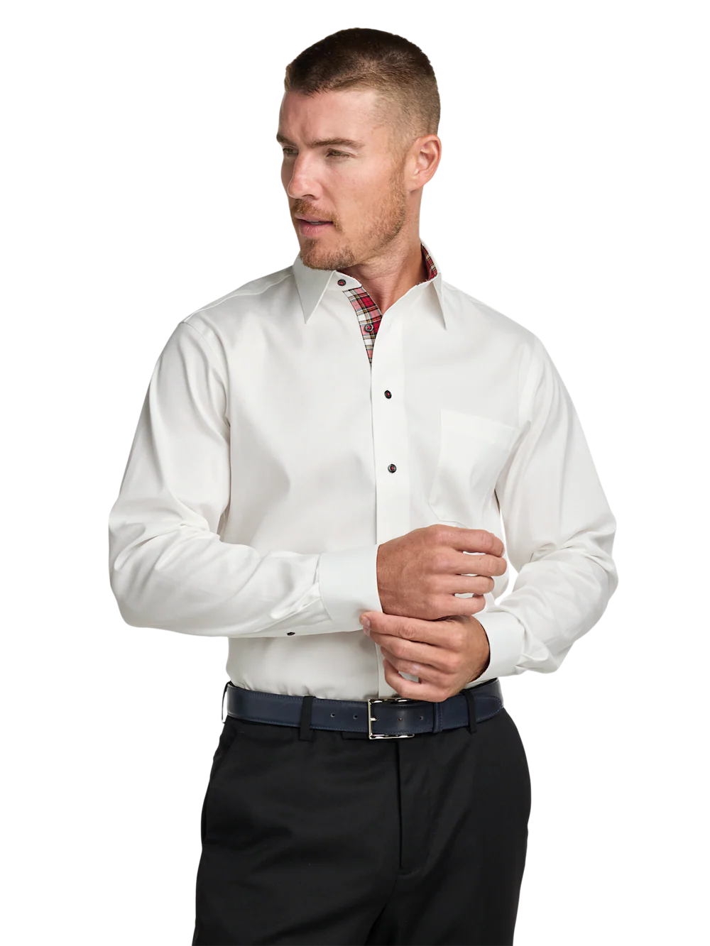 Comfort Stretch Non-Iron Solid Dress Shirt With Contrast Trim - White Multi - Image 2