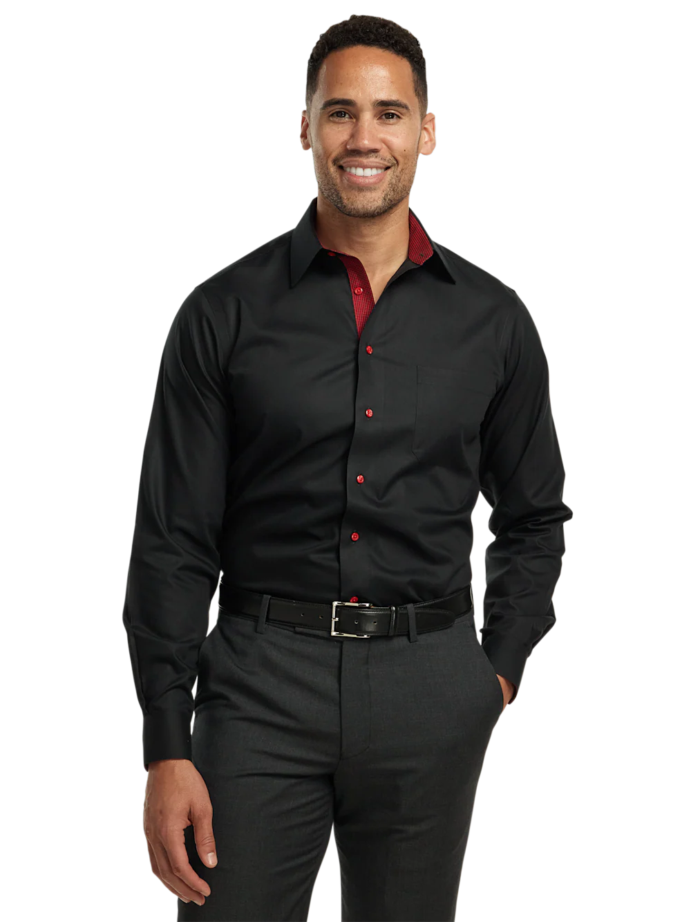 Comfort Stretch Non-Iron Solid Dress Shirt With Contrast Trim - Black - Image 2