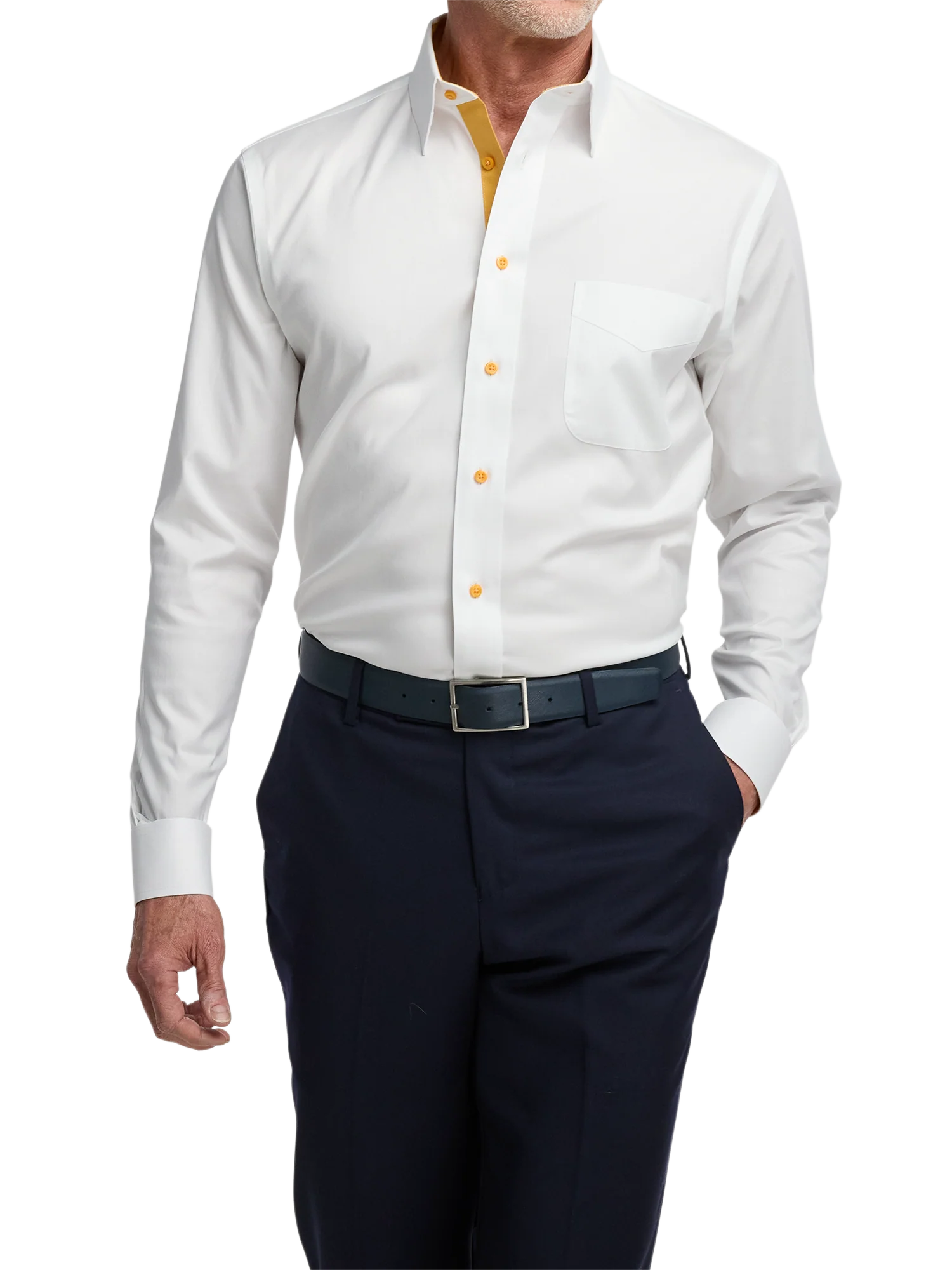 Comfort Stretch Non-Iron Solid Dress Shirt With Contrast Trim - White/gold - Image 2