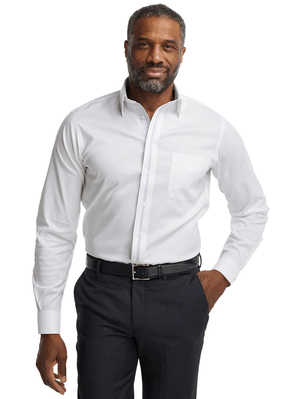 Comfort Stretch Non-Iron Solid Dress Shirt With Contrast Trim - White - Image 2