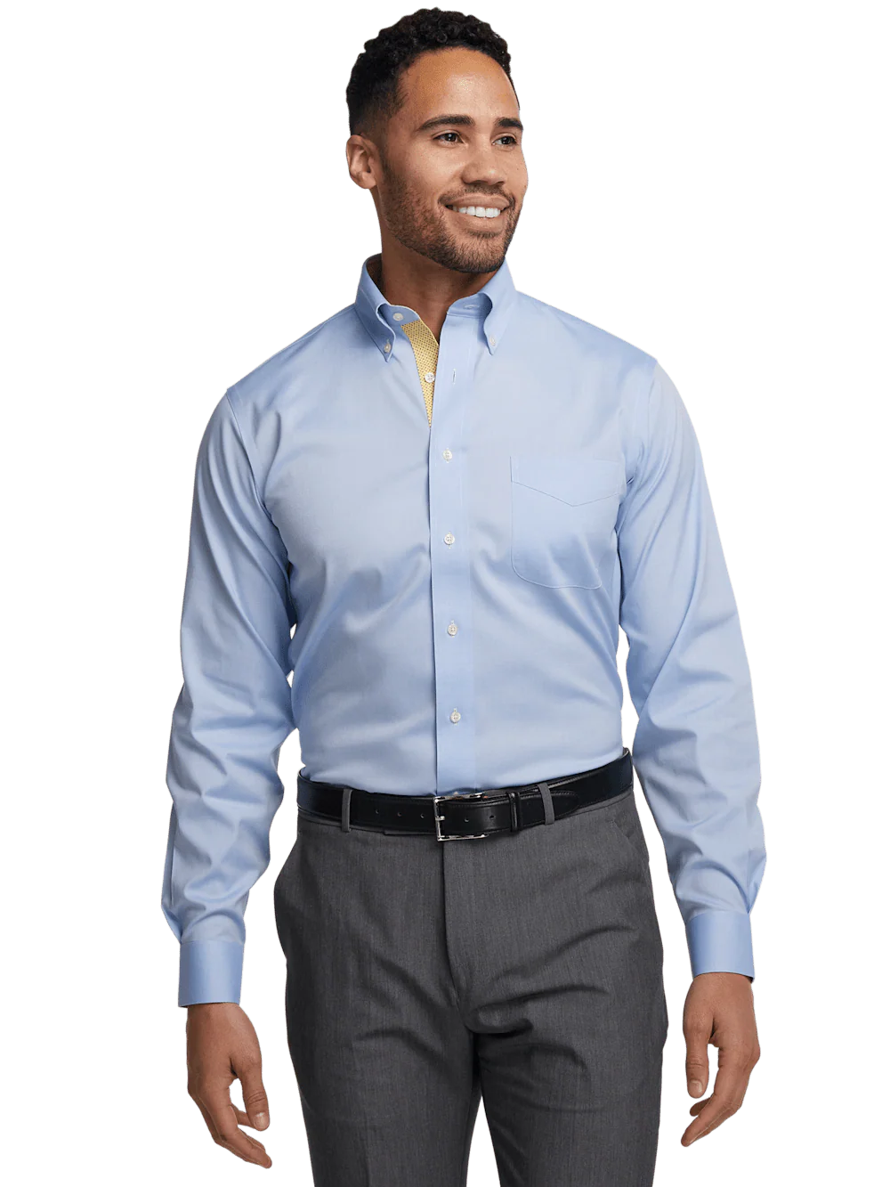 Comfort Stretch Non-Iron Solid Dress Shirt With Contrast Trim - Blue/yellow - Image 2