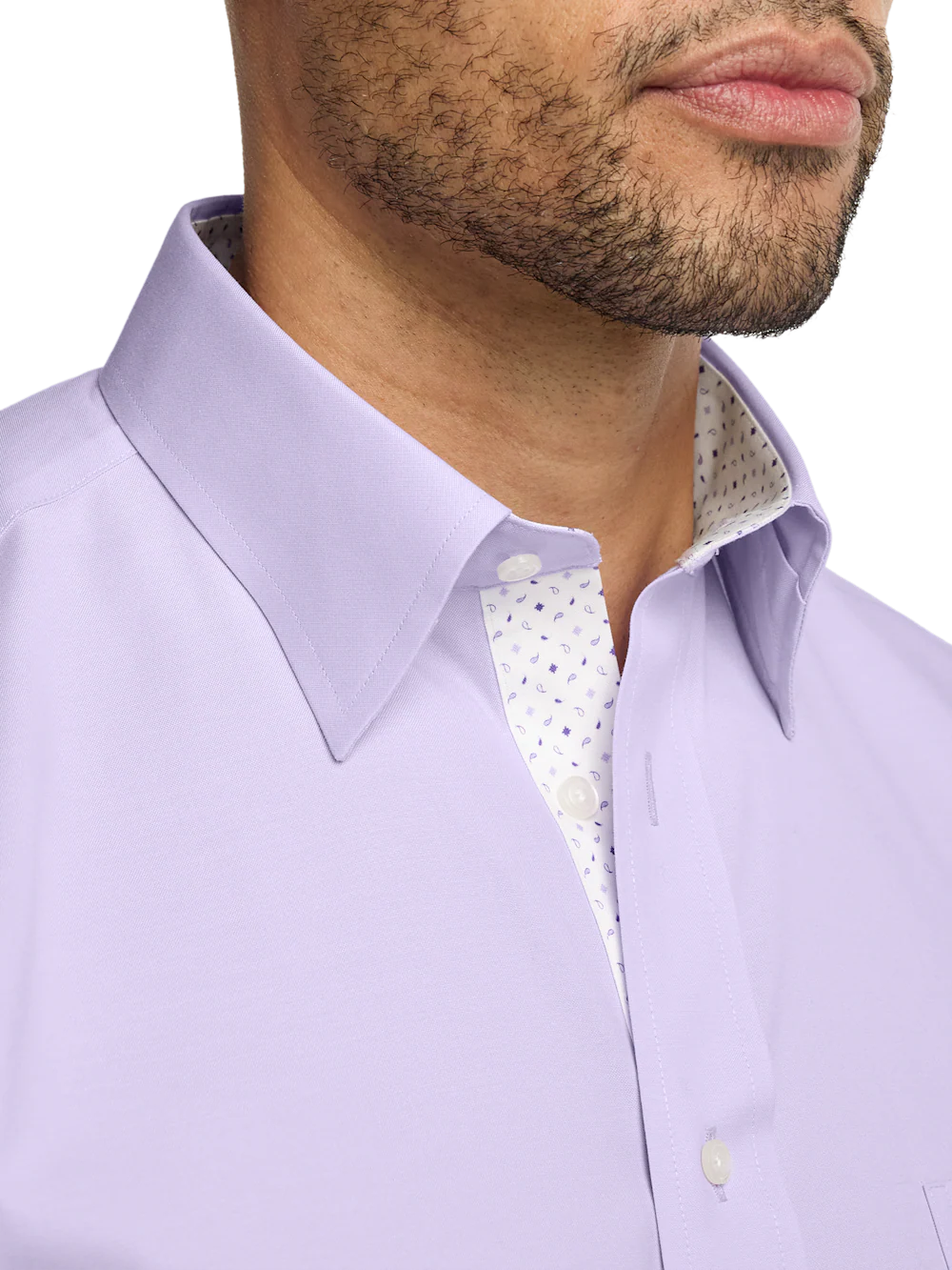 Comfort Stretch Non-Iron Solid Dress Shirt With Contrast Trim - Purple - Image 3