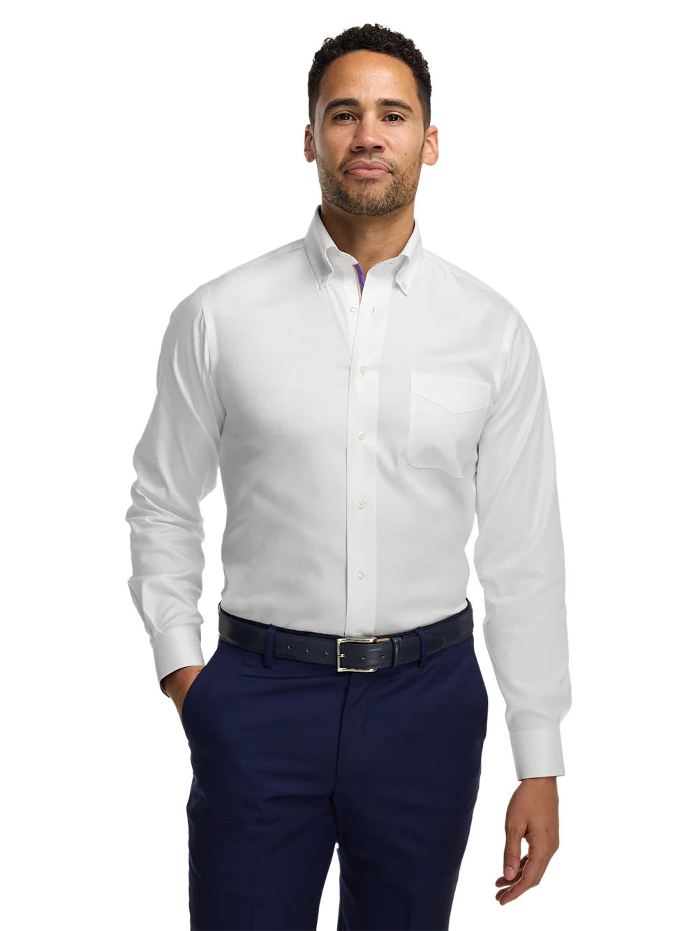 Comfort Stretch Non-Iron Solid Dress Shirt With Contrast Trim - White - Image 2