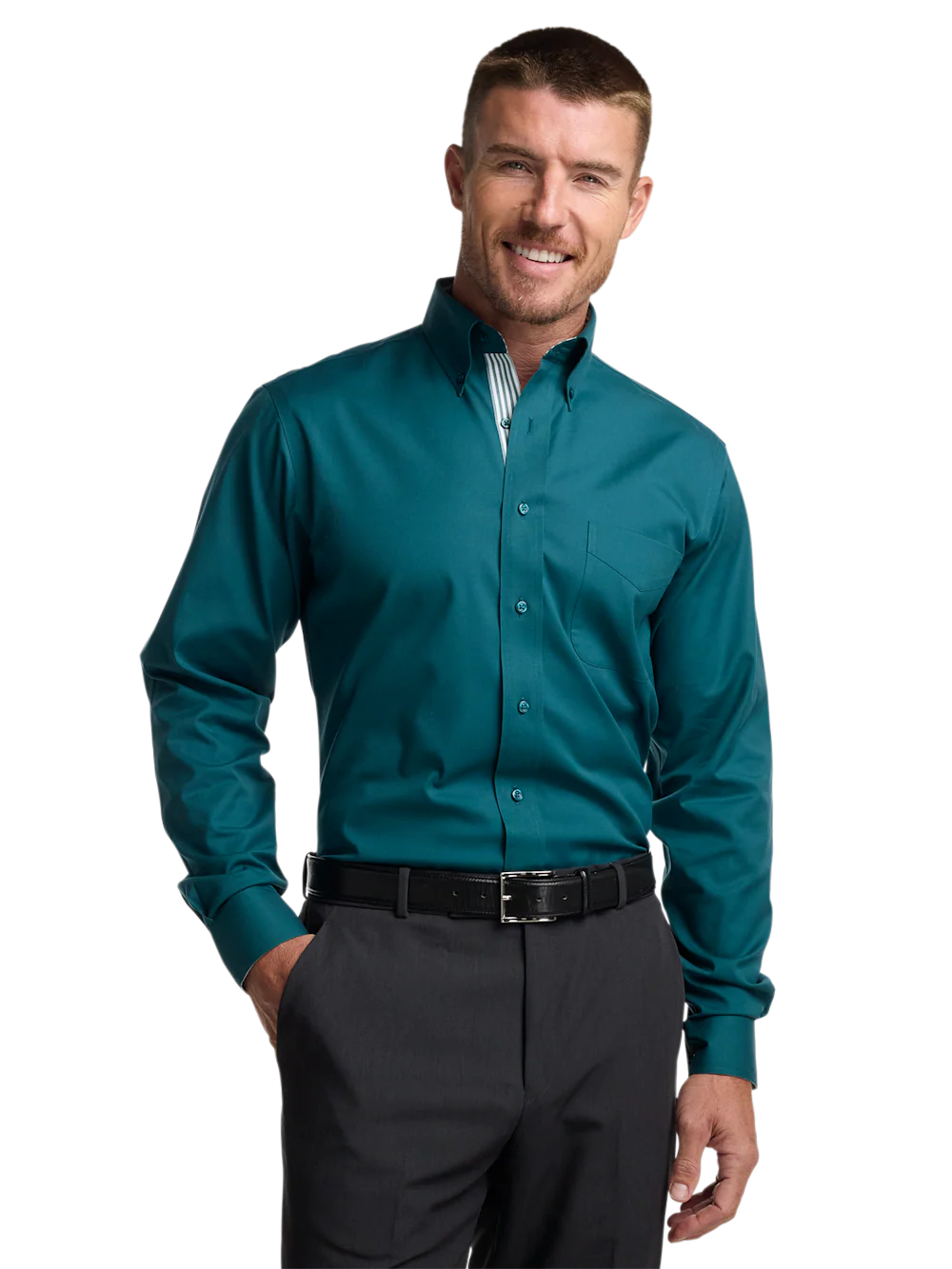 Comfort Stretch Non-Iron Solid Dress Shirt With Contrast Trim - Dark Teal - Image 2