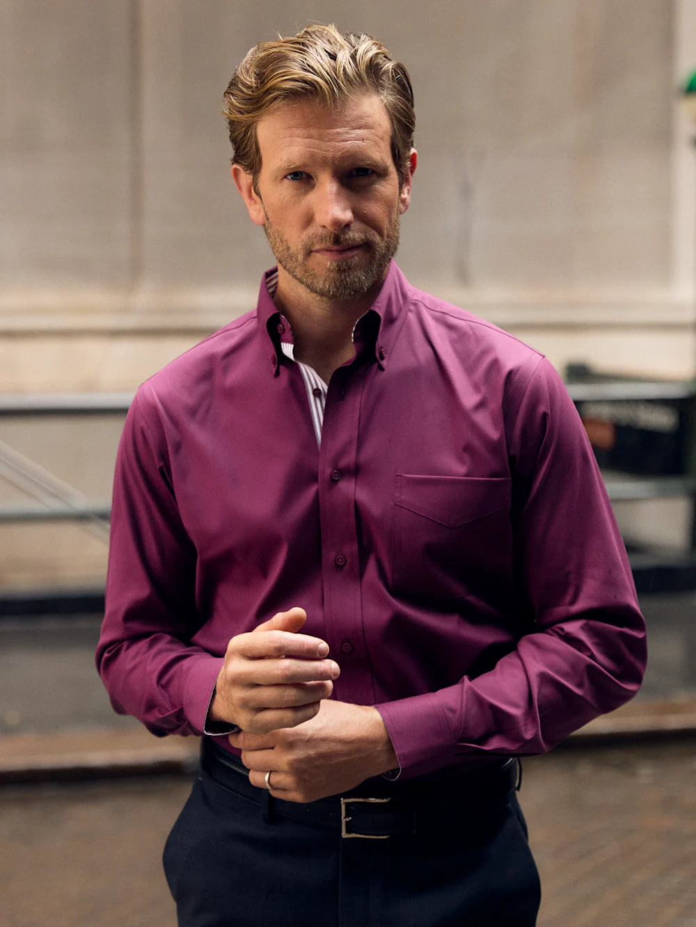 Comfort Stretch Non-Iron Solid Dress Shirt With Contrast Trim - Burgundy - Image 8