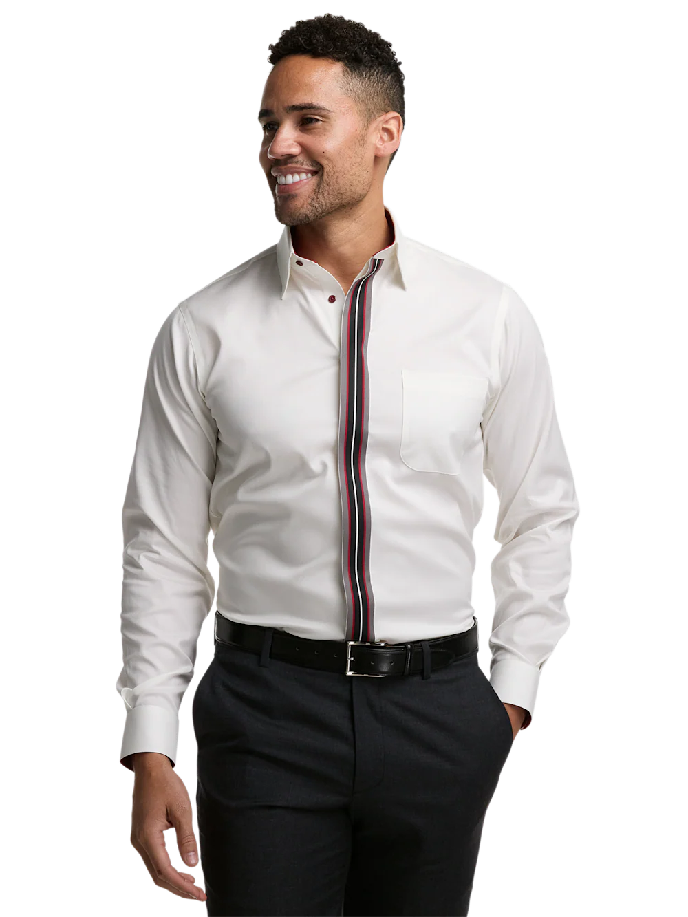 Comfort Stretch Non-Iron Solid Dress Shirt With Contrast Trim - White - Image 2
