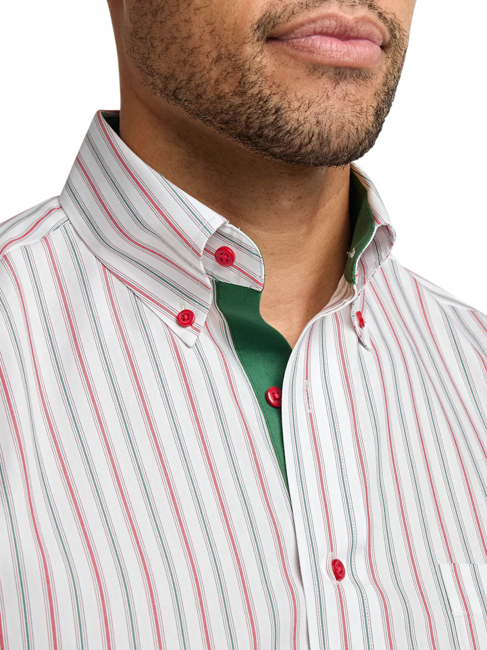 Comfort Stretch Non-Iron Stripe Dress Shirt With Contrast Trim - Red/green - Image 3