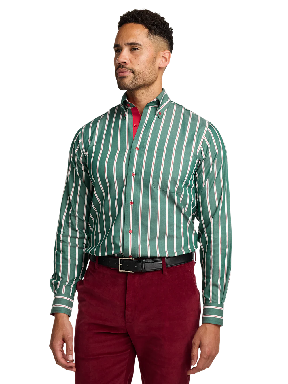 Comfort Stretch Non-Iron Stripe Dress Shirt With Contrast Trim - Green - Image 2
