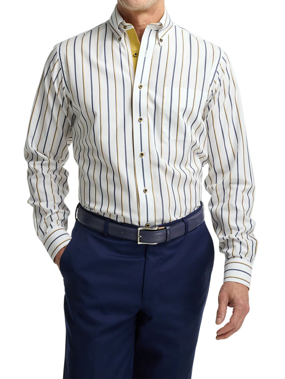 Comfort Stretch Non-Iron Stripe Dress Shirt With Contrast Trim - Navy/gold - Image 2