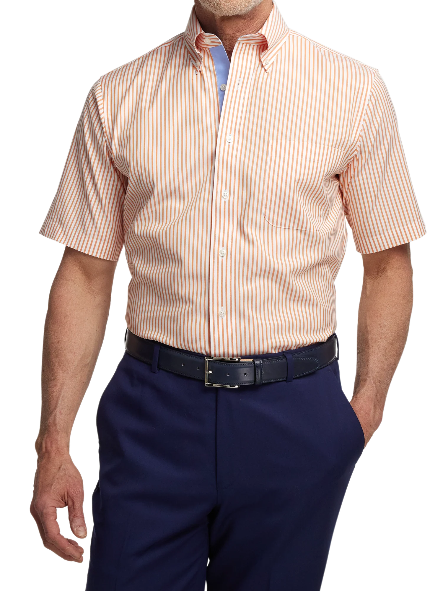 Comfort Stretch Non-Iron Stripe Dress Shirt With Contrast Trim - Melon - Image 2