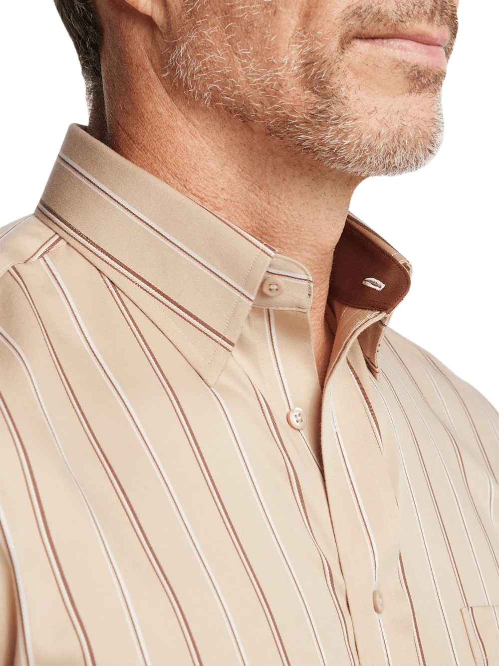 Comfort Stretch Non-Iron Stripe Dress Shirt With Contrast Trim - Tan - Image 3