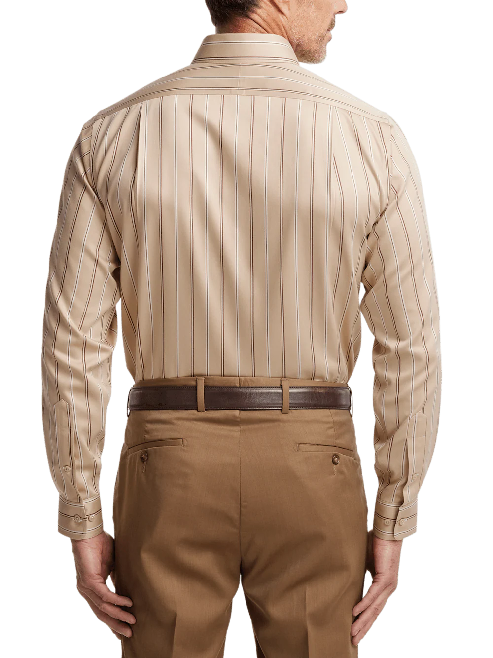 Comfort Stretch Non-Iron Stripe Dress Shirt With Contrast Trim - Tan - Image 5