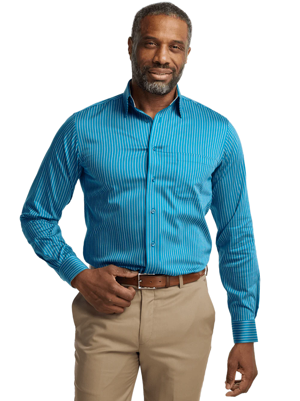 Comfort Stretch Non-Iron Stripe Dress Shirt With Contrast Trim - Teal - Image 2