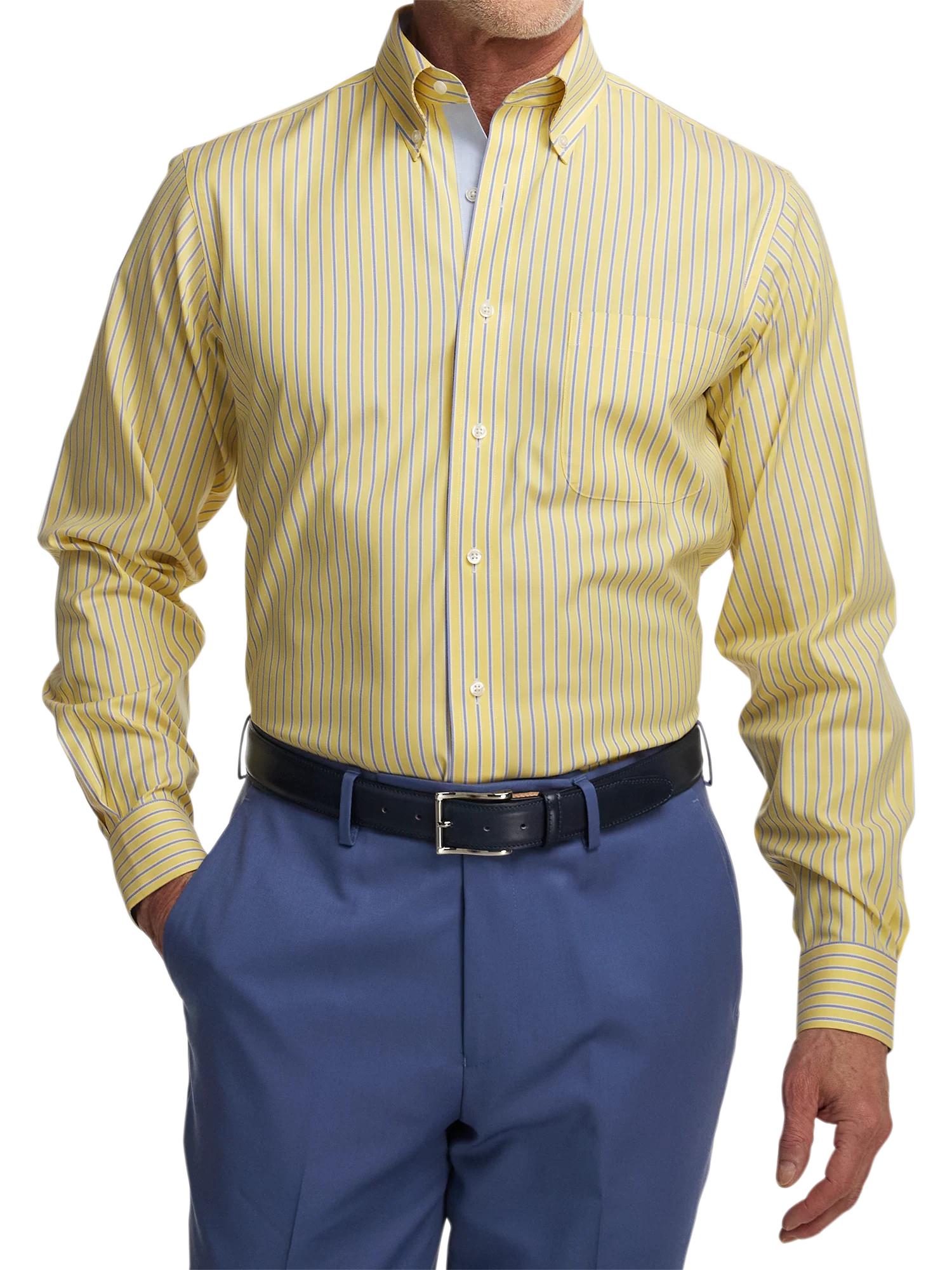 Comfort Stretch Non-Iron Stripe Dress Shirt With Contrast Trim - Yellow - Image 2
