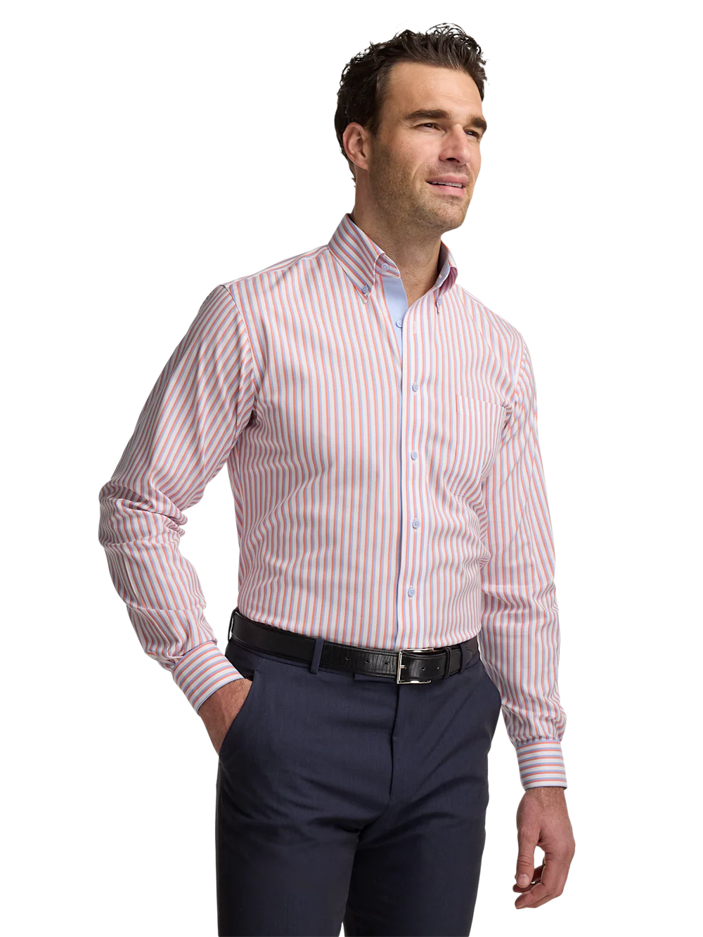 Comfort Stretch Non-Iron Stripe Dress Shirt With Contrast Trim - White/melon - Image 2
