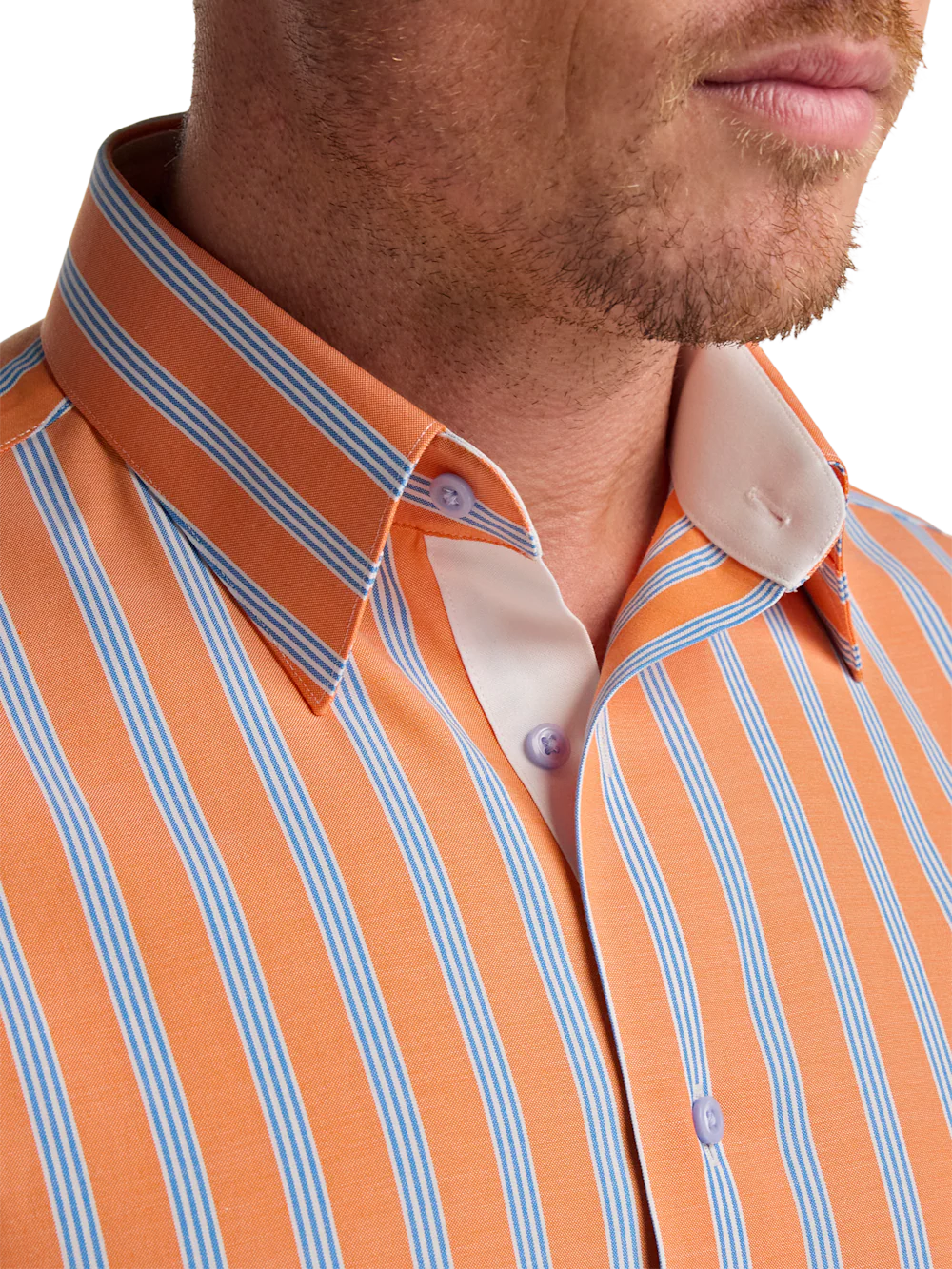 Comfort Stretch Non-Iron Stripe Dress Shirt With Contrast Trim - Melon/blue - Image 3