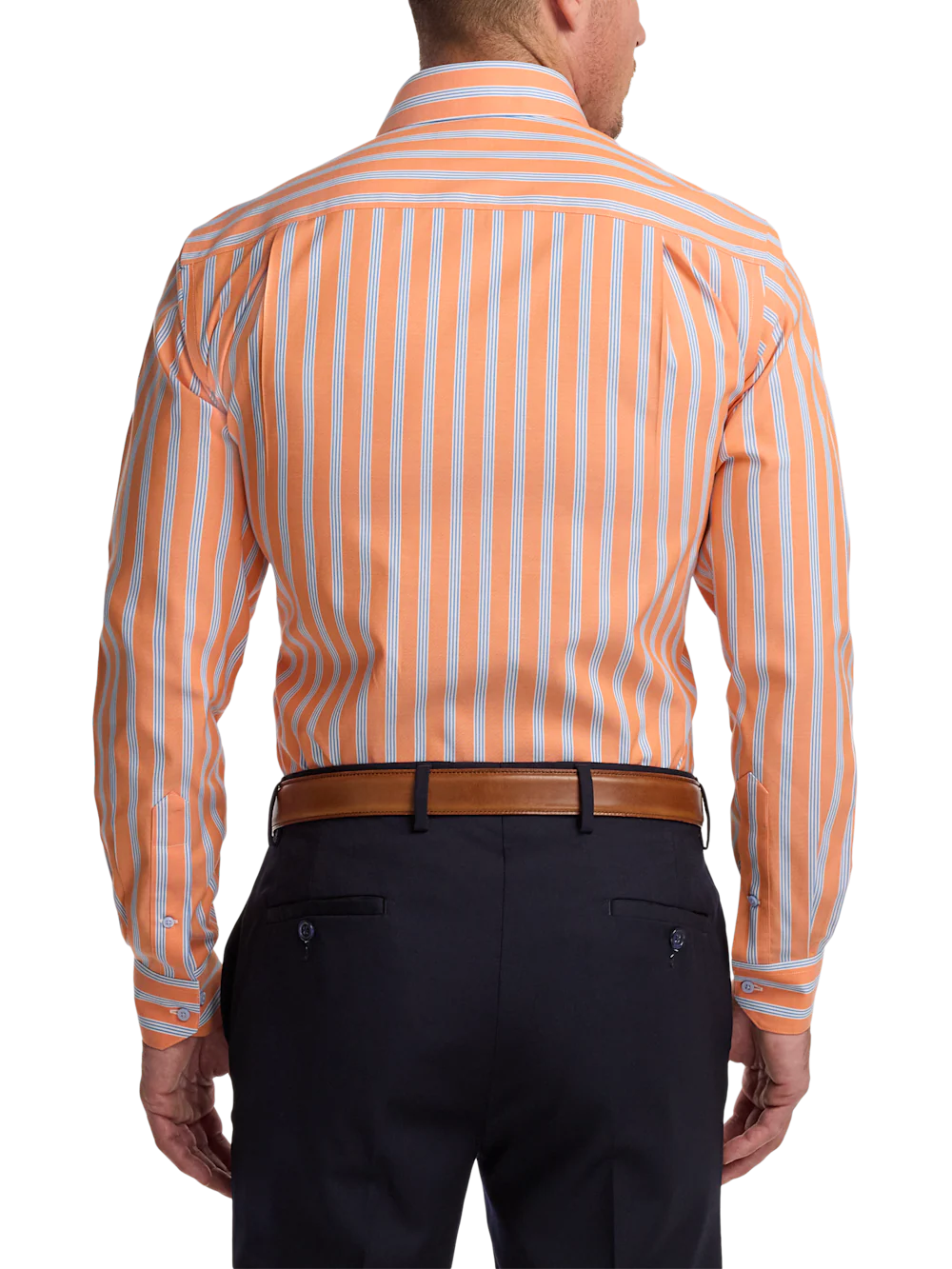 Comfort Stretch Non-Iron Stripe Dress Shirt With Contrast Trim - Melon/blue - Image 5