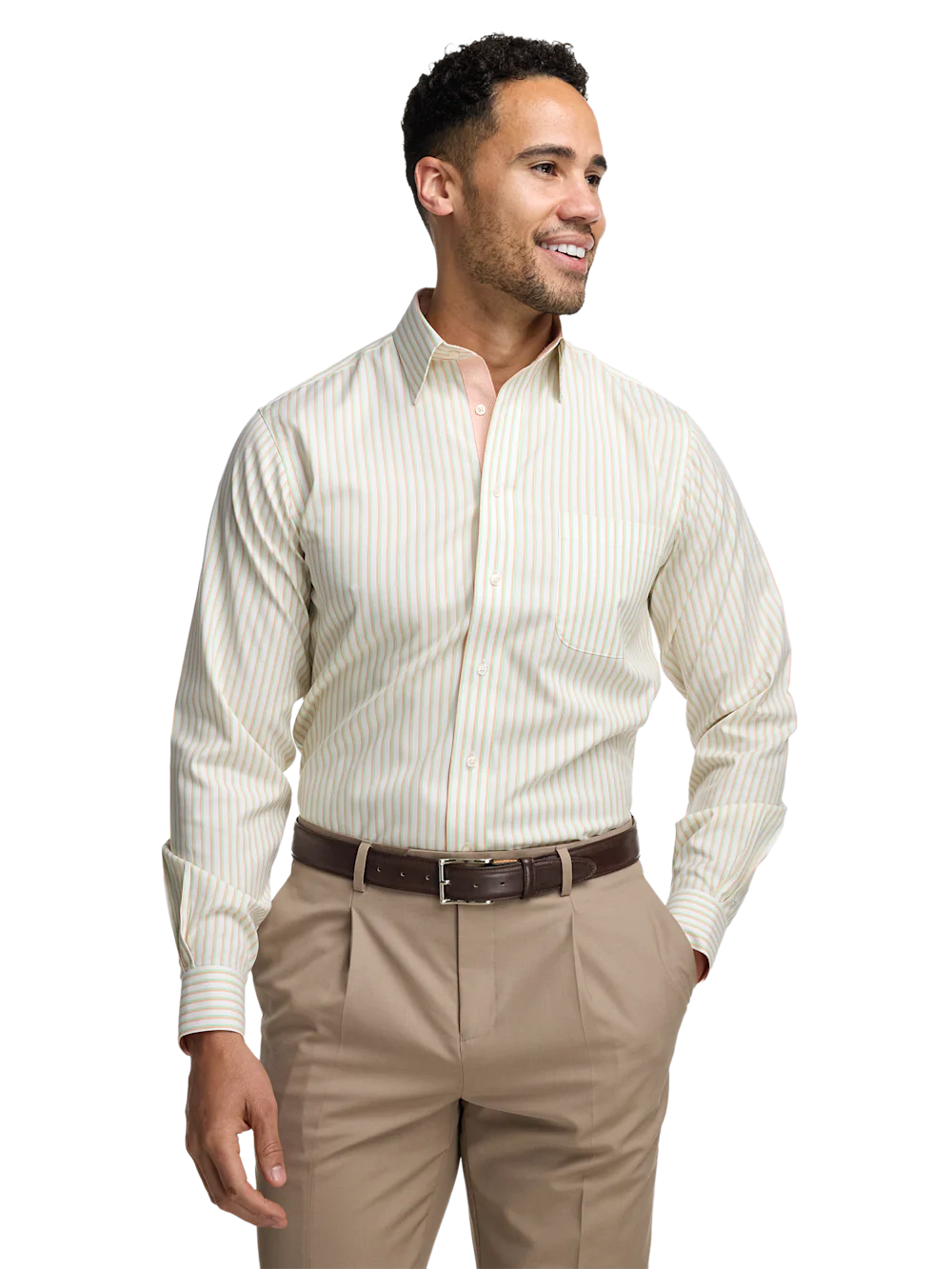 Comfort Stretch Non-Iron Stripe Dress Shirt With Contrast Trim - Melon/green - Image 2
