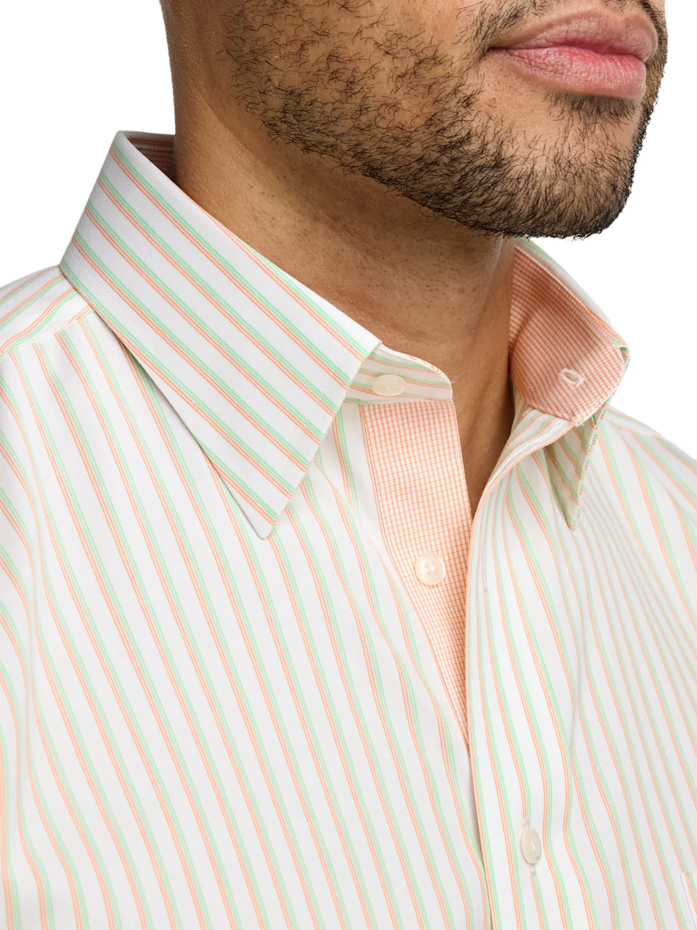 Comfort Stretch Non-Iron Stripe Dress Shirt With Contrast Trim - Melon/green - Image 3