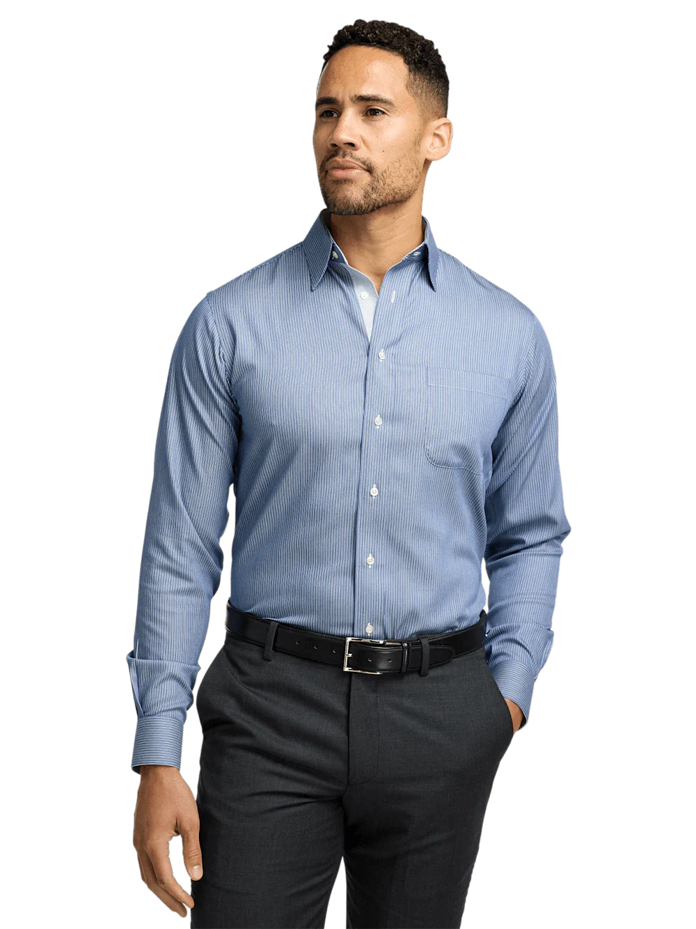 Comfort Stretch Non-Iron Stripe Dress Shirt With Contrast Trim - Blue - Image 2