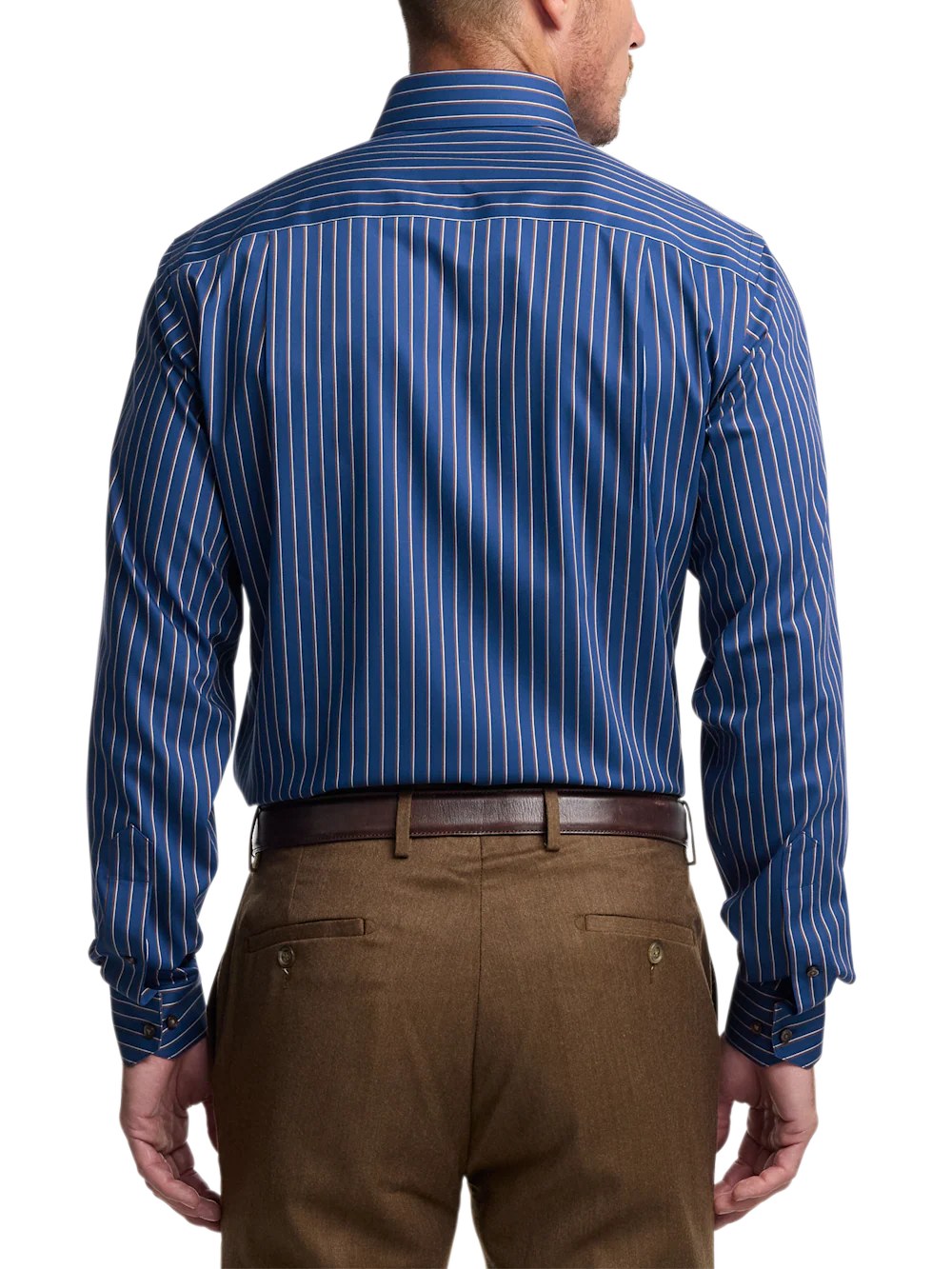 Comfort Stretch Non-Iron Stripe Dress Shirt With Contrast Trim - Navy/brown - Image 5
