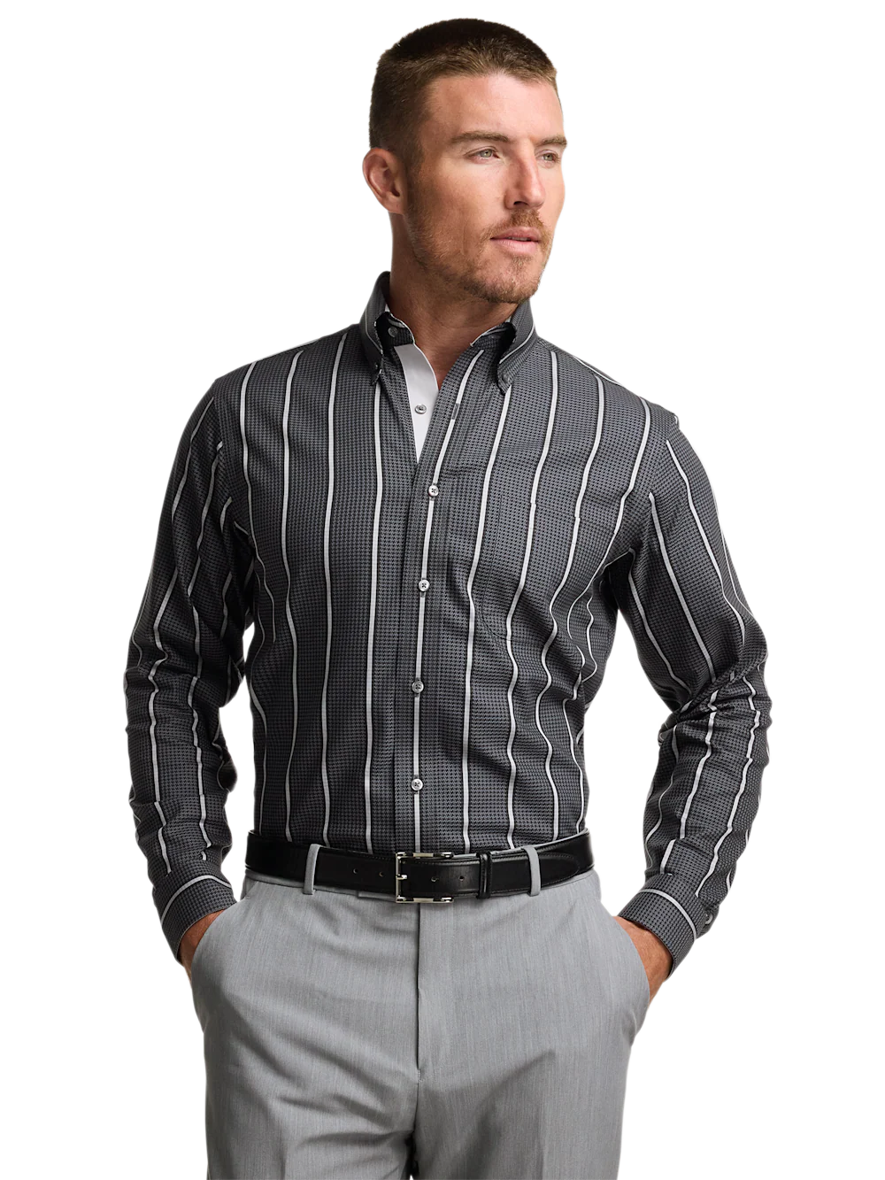 Comfort Stretch Non-Iron Stripe Dress Shirt With Contrast Trim - Black/grey - Image 2