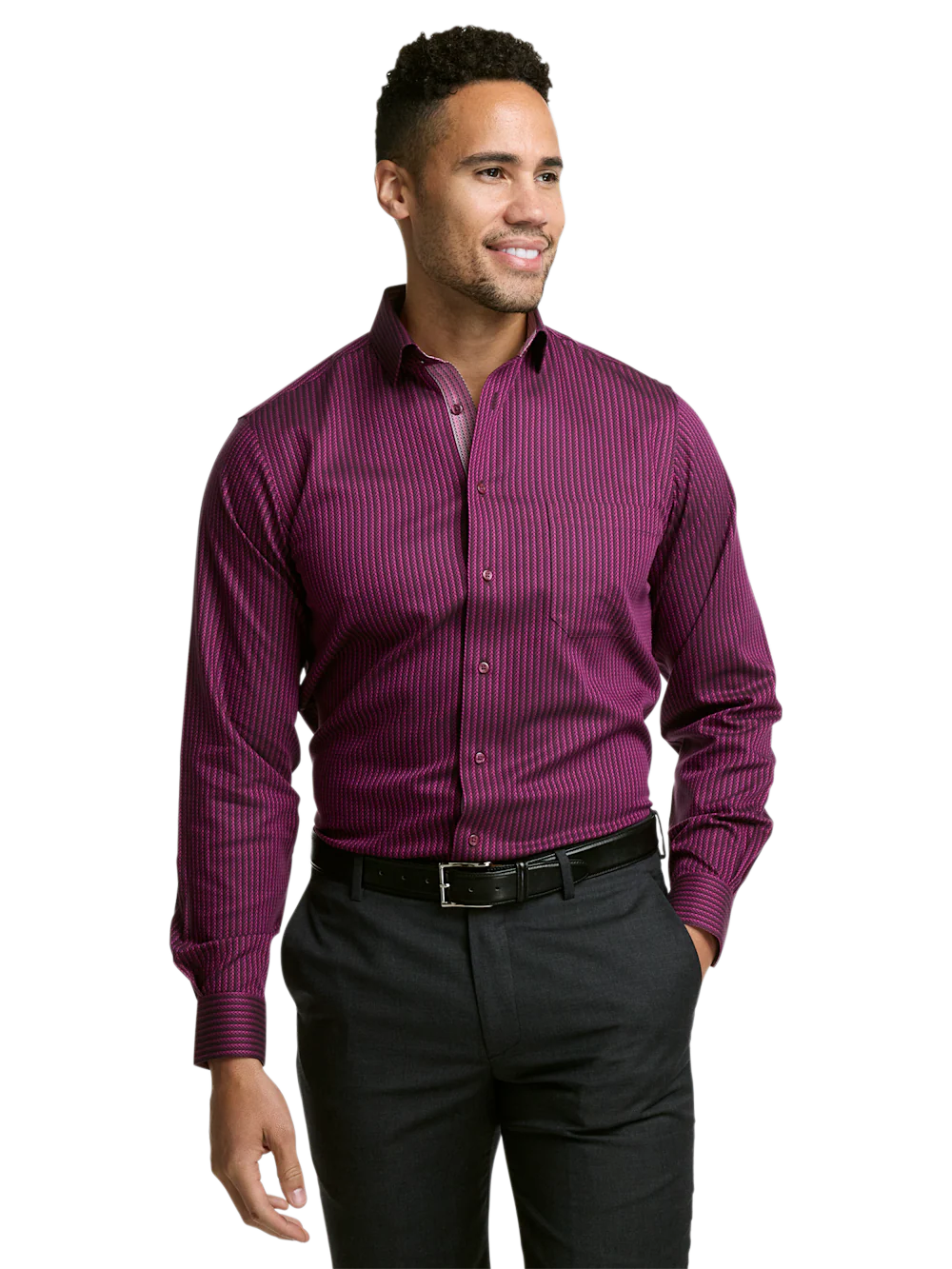 Comfort Stretch Non-Iron Stripe Dress Shirt With Contrast Trim - Burgundy - Image 2