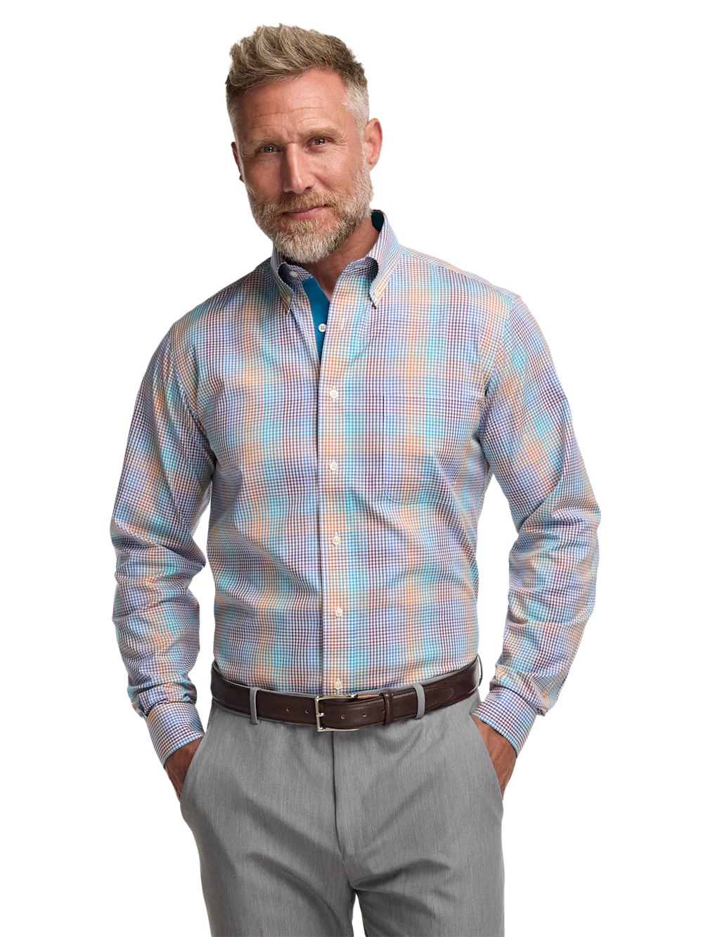 Comfort Stretch Non-Iron Tattersall Dress Shirt With Contrast Trim - Multi - Image 2
