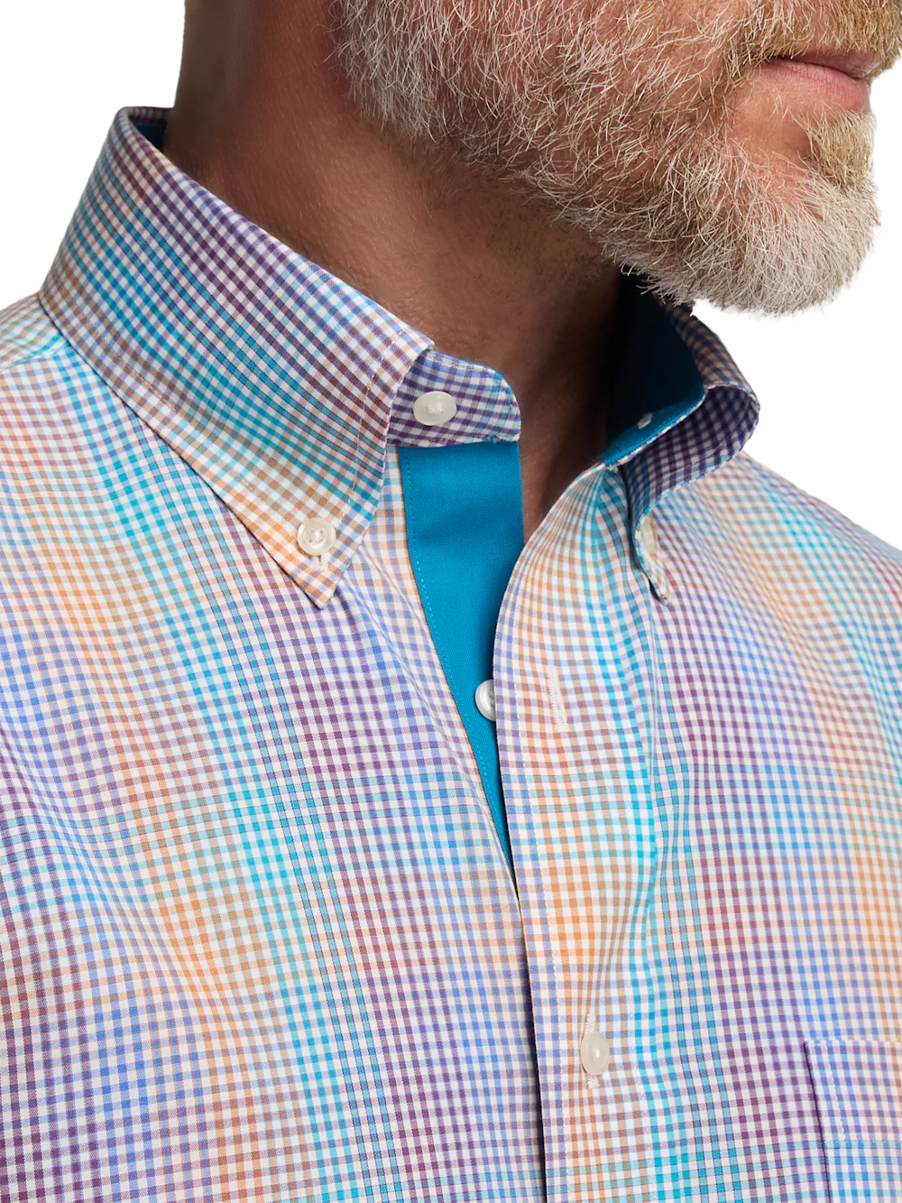 Comfort Stretch Non-Iron Tattersall Dress Shirt With Contrast Trim - Multi - Image 3