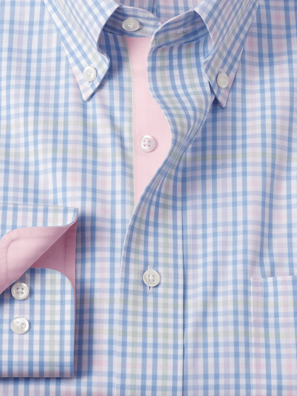 Comfort Stretch Non-Iron Tattersall Dress Shirt With Contrast Trim - Blue/pink - Image 6