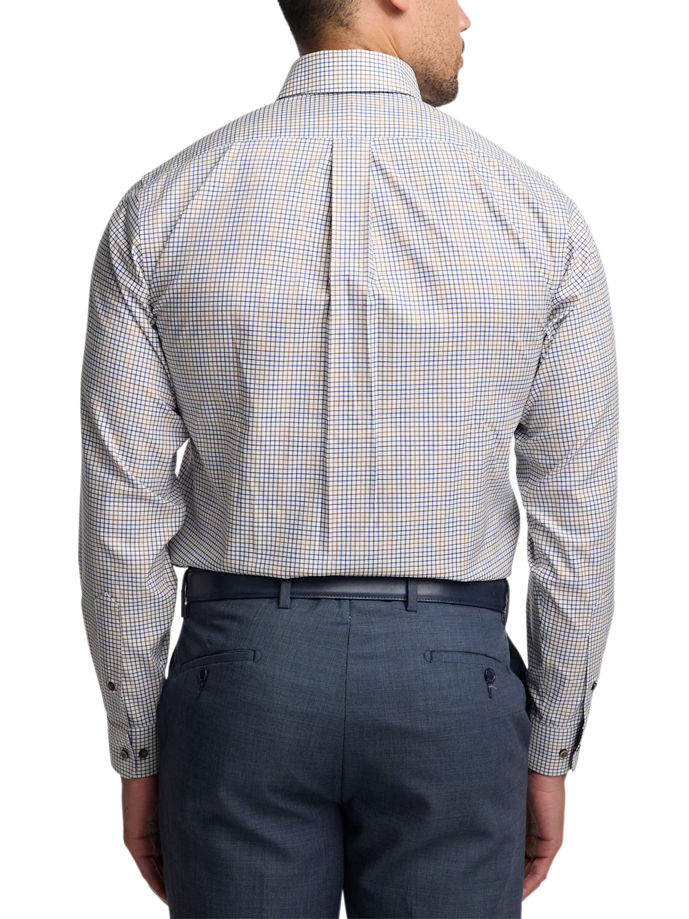 Comfort Stretch Non-Iron Tattersall Dress Shirt With Contrast Trim - Navy/tan - Image 5
