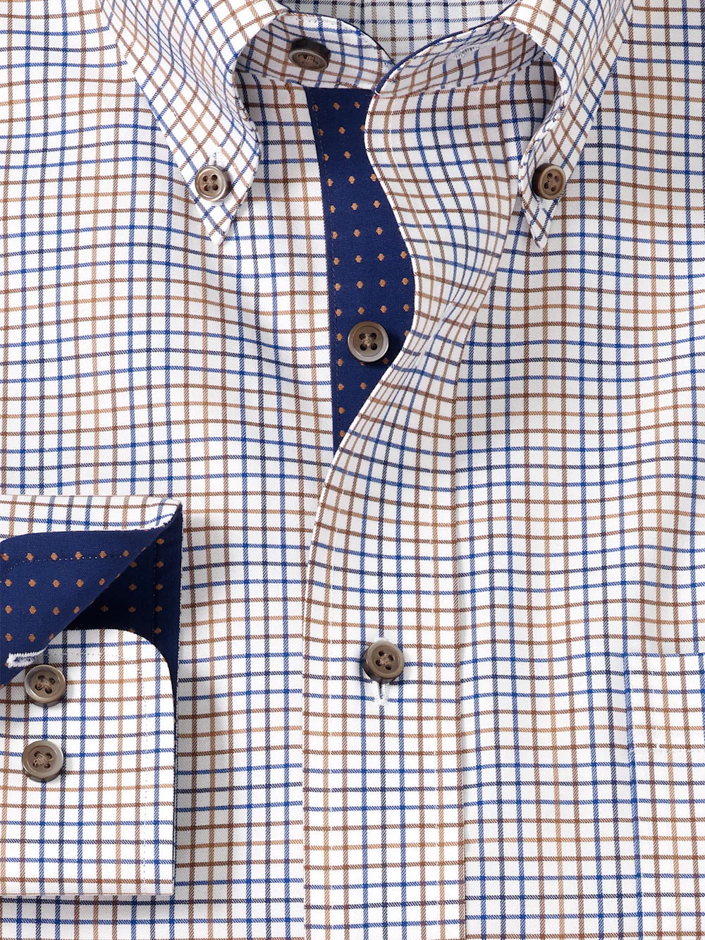 Comfort Stretch Non-Iron Tattersall Dress Shirt With Contrast Trim - Navy/tan - Image 6