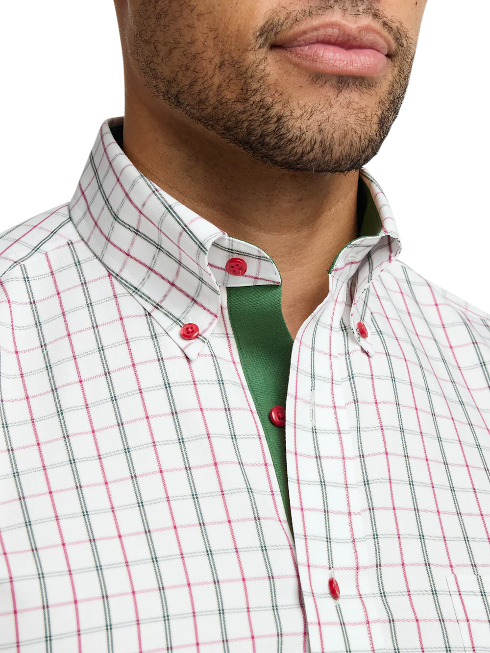 Comfort Stretch Non-Iron Windowpane Dress Shirt With Contrast Trim - Green - Image 3