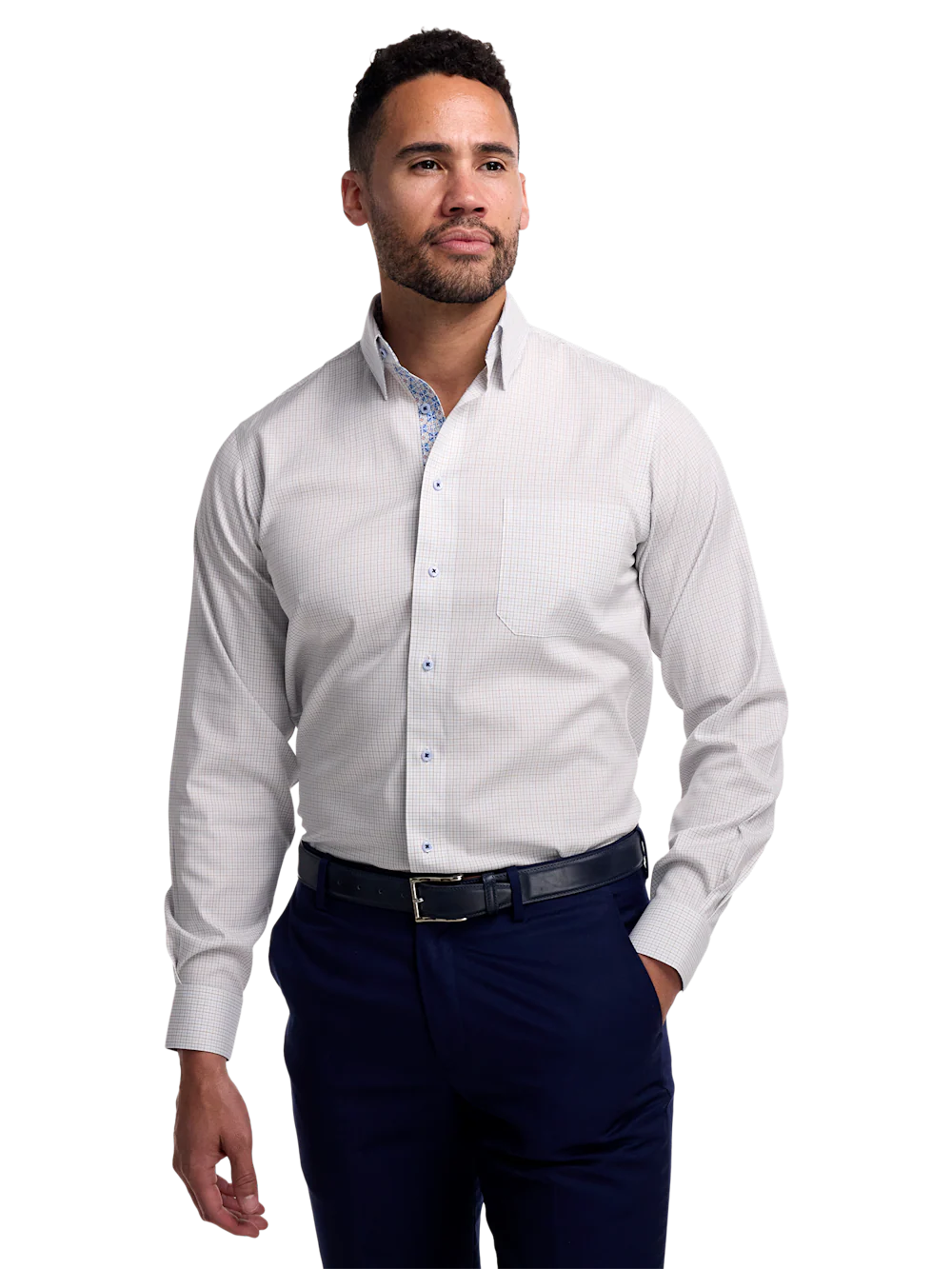 Comfort Stretch Non-Iron Windowpane Dress Shirt With Contrast Trim - Blue/brown - Image 2
