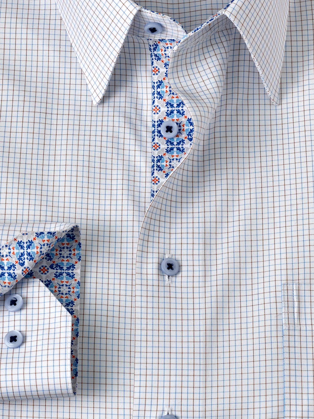 Comfort Stretch Non-Iron Windowpane Dress Shirt With Contrast Trim - Blue/brown - Image 6