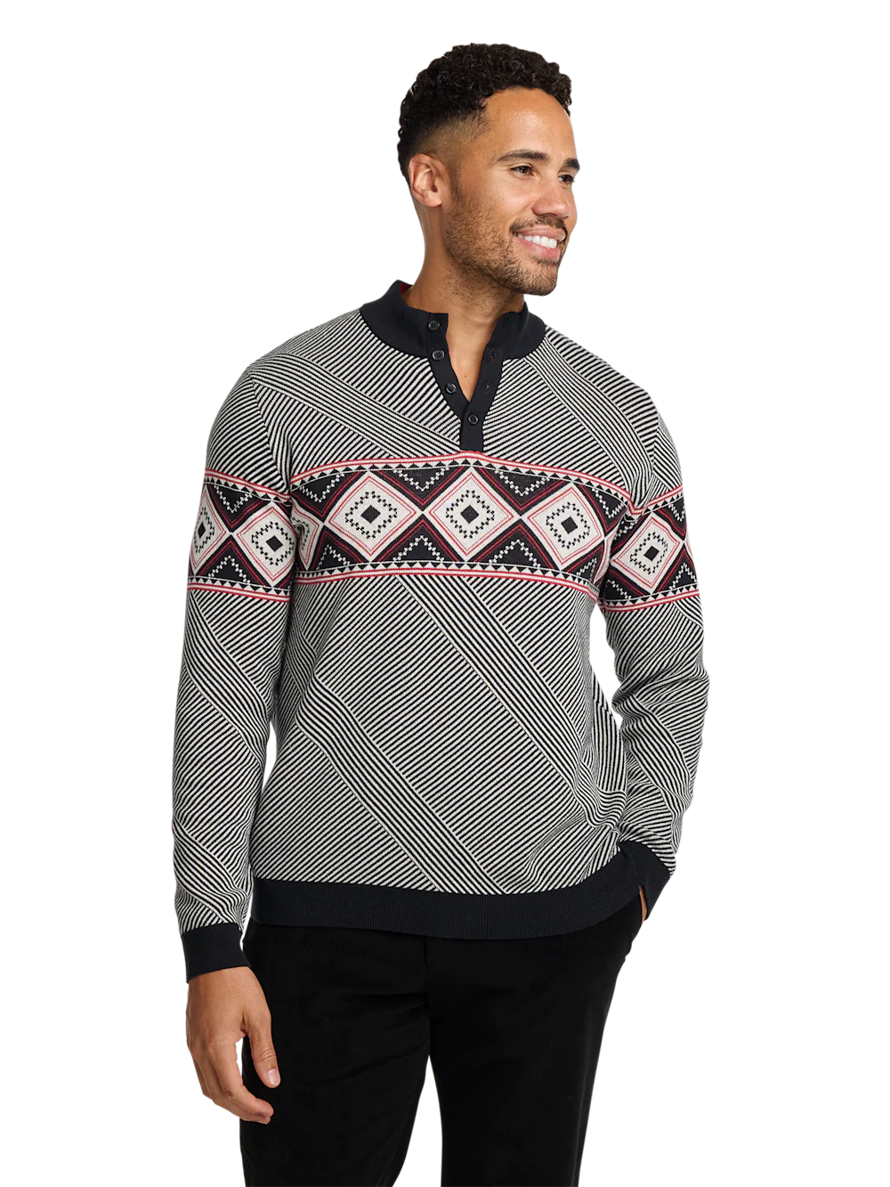 Cotton 4-button Mock Neck Sweater - Black/red - Image 2