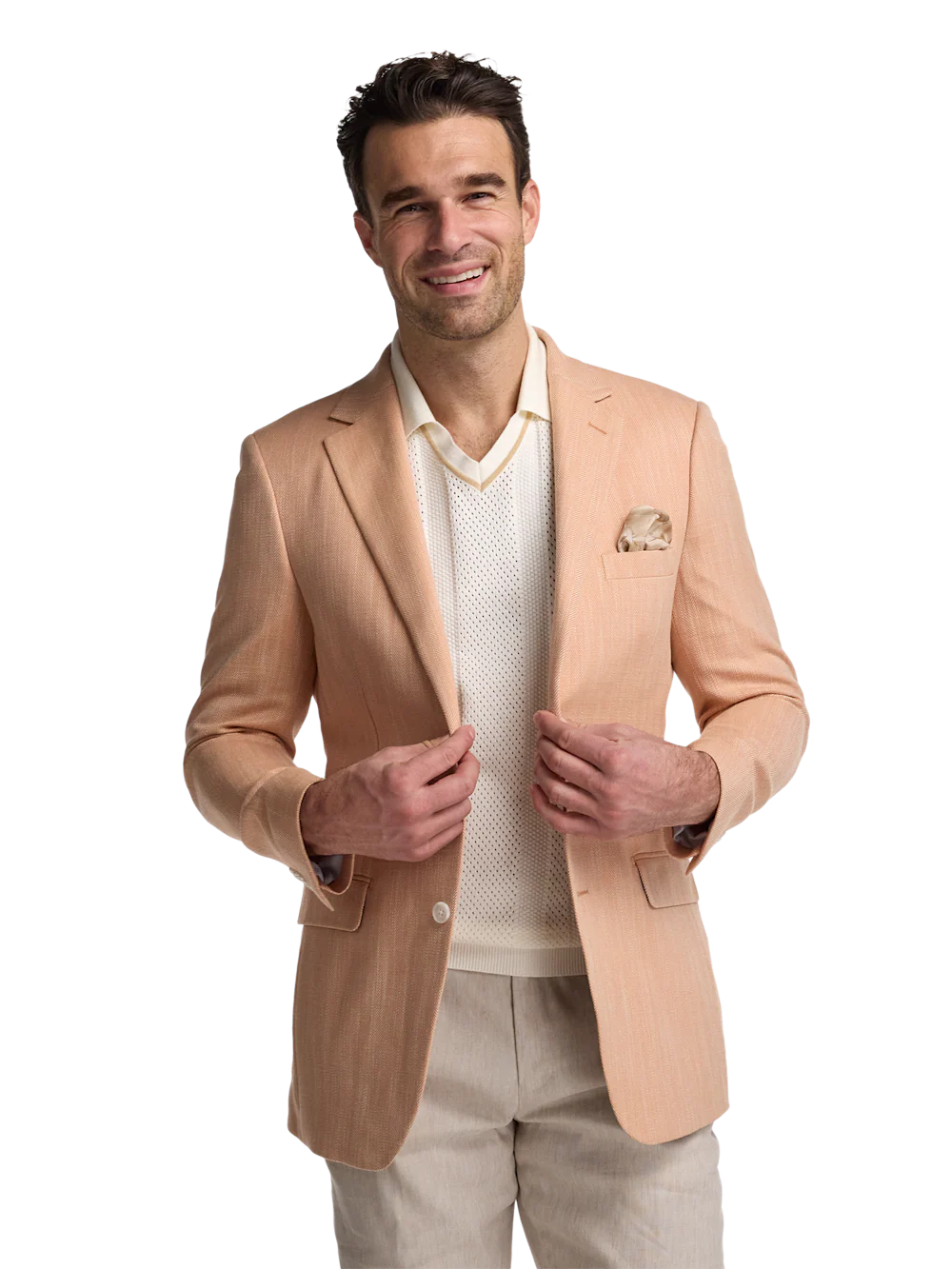 Cotton Blend Herringbone Single Breasted Notch Lapel Sport Coat - Melon - Image 2