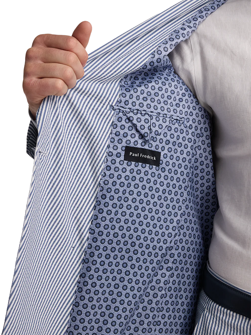 Cotton Blend Stripe Double Breasted Peak Lapel Suit - Navy/white - Image 4