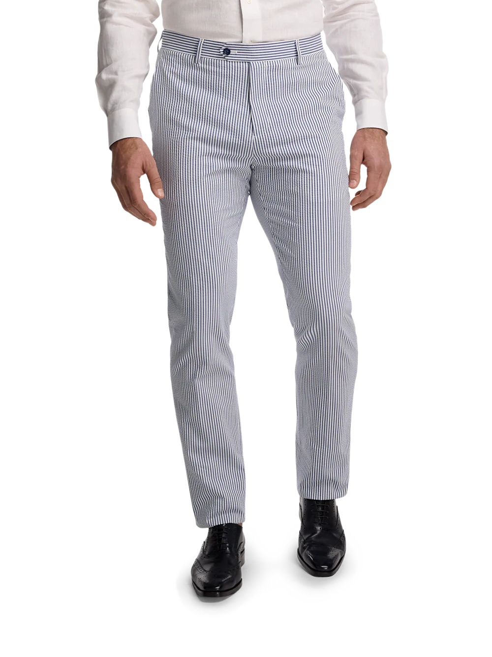 Cotton Blend Stripe Double Breasted Peak Lapel Suit - Navy/white - Image 8