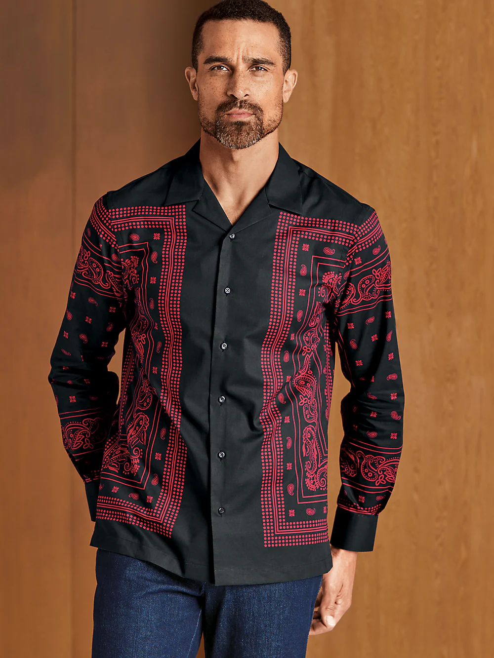 Cotton Border Print Casual Shirt - Black/red - Image 8