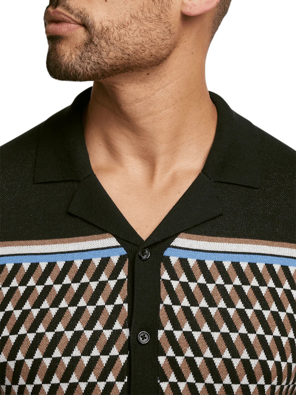 Cotton Button Front Camp Collar Sweater - Black/brown - Image 3