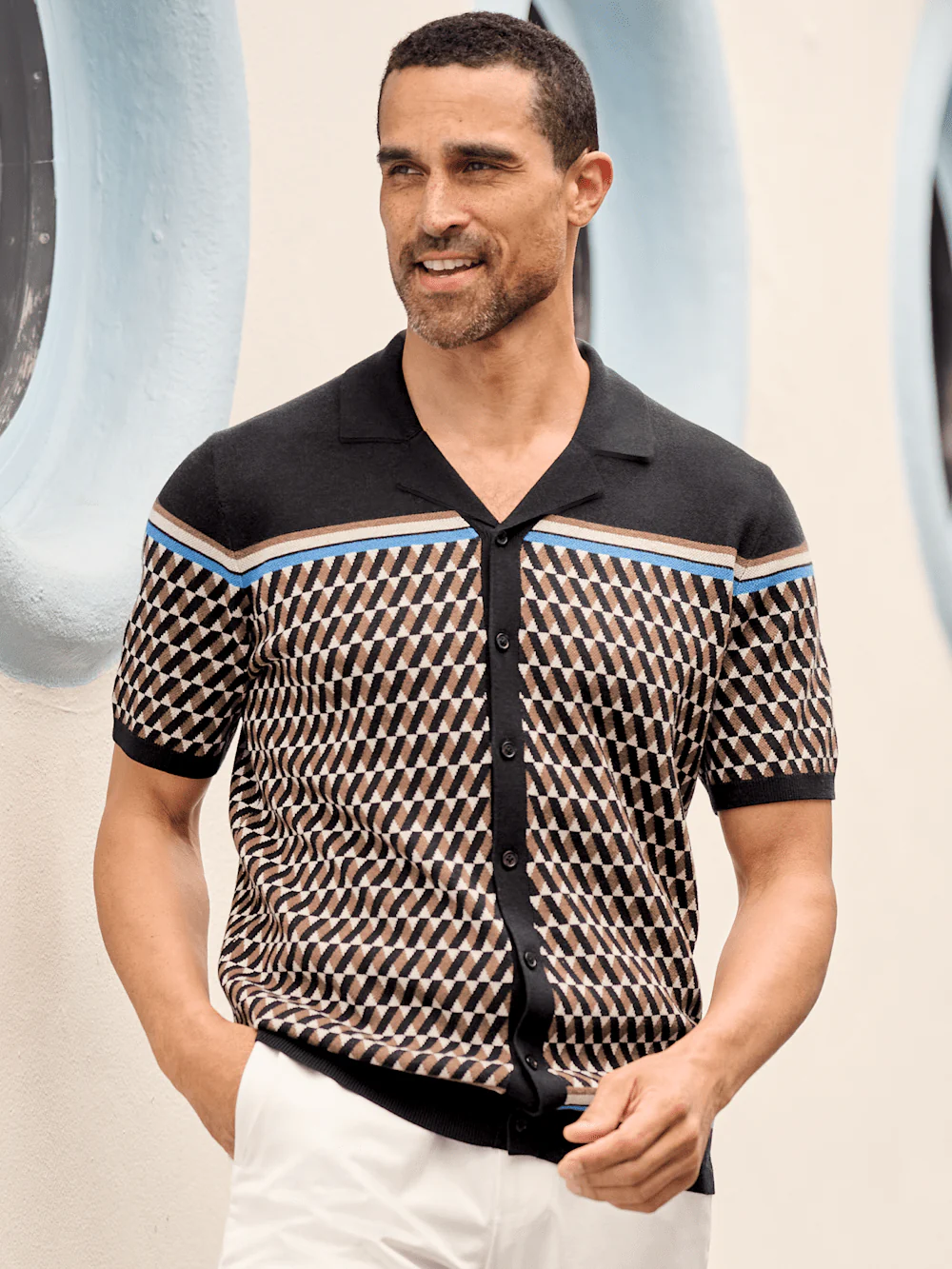 Cotton Button Front Camp Collar Sweater - Black/brown - Image 7