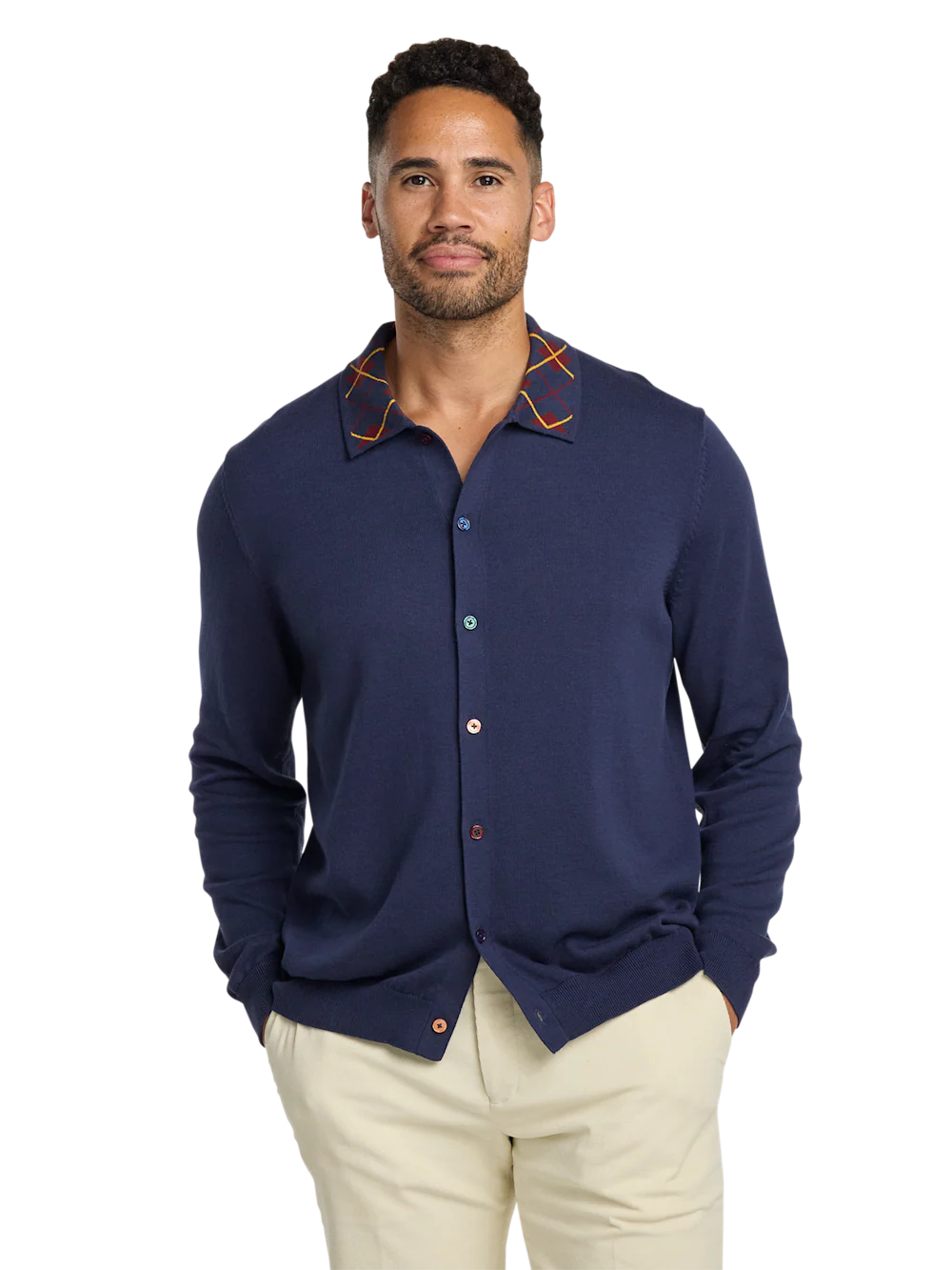 Cotton Button Front Polo - Navy Multi - Image 2