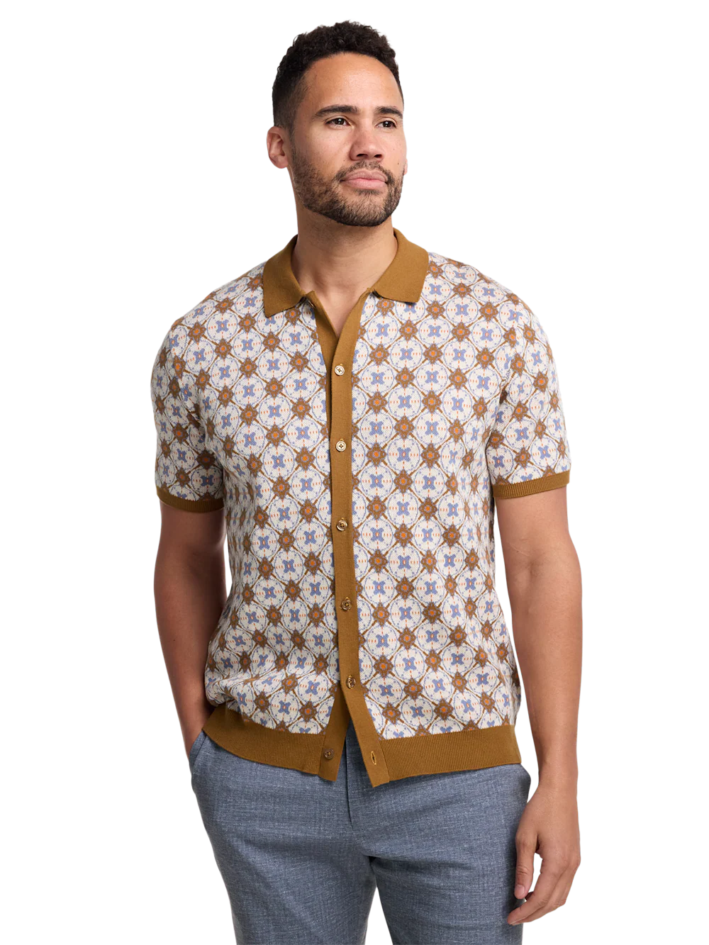 Cotton Button Front Polo - Tan Multi - Image 2