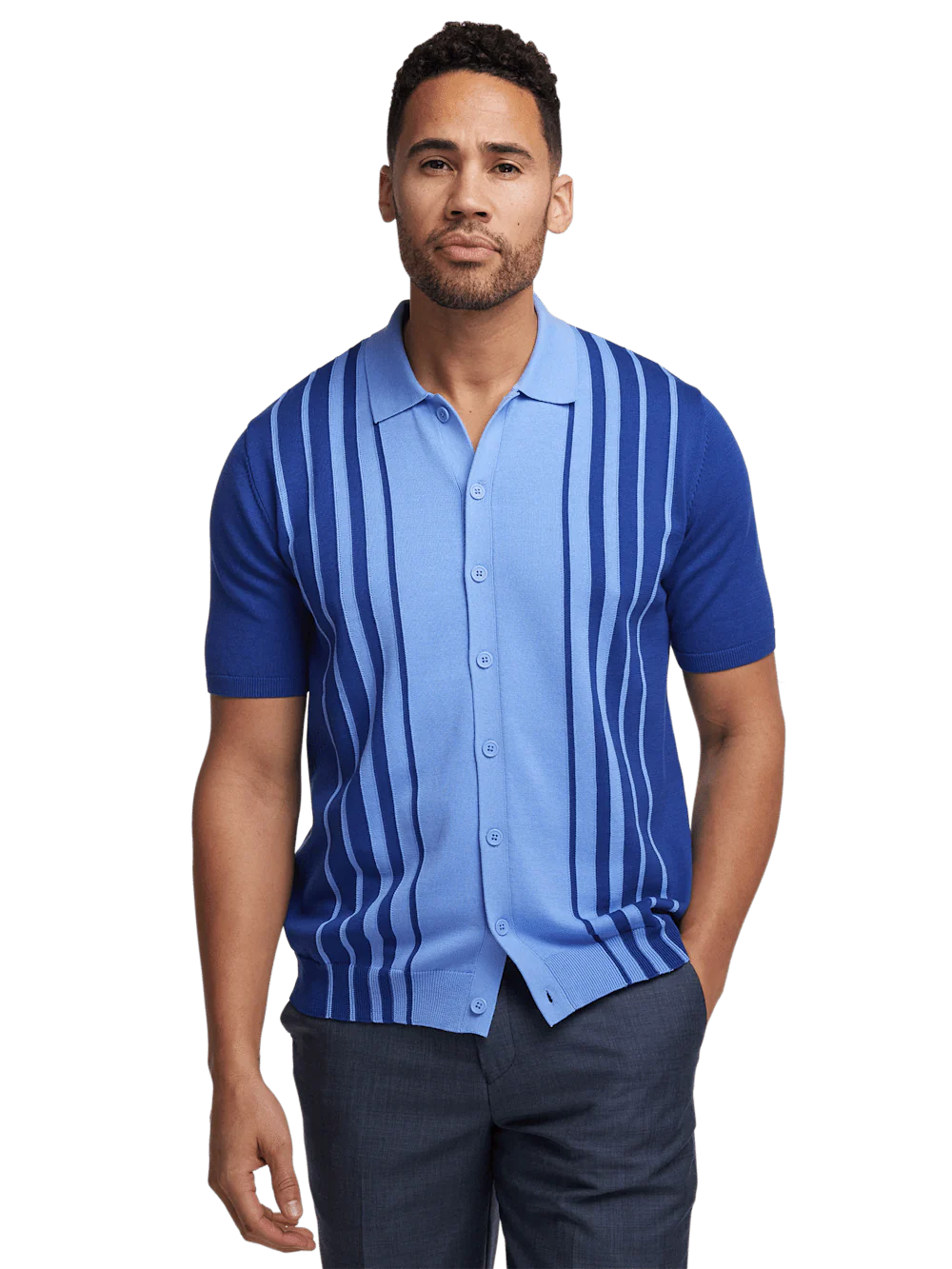 Cotton Button Front Polo - Blue - Image 2