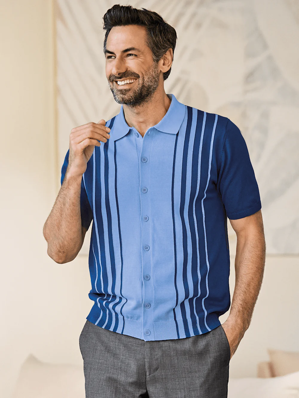 Cotton Button Front Polo - Blue - Image 7