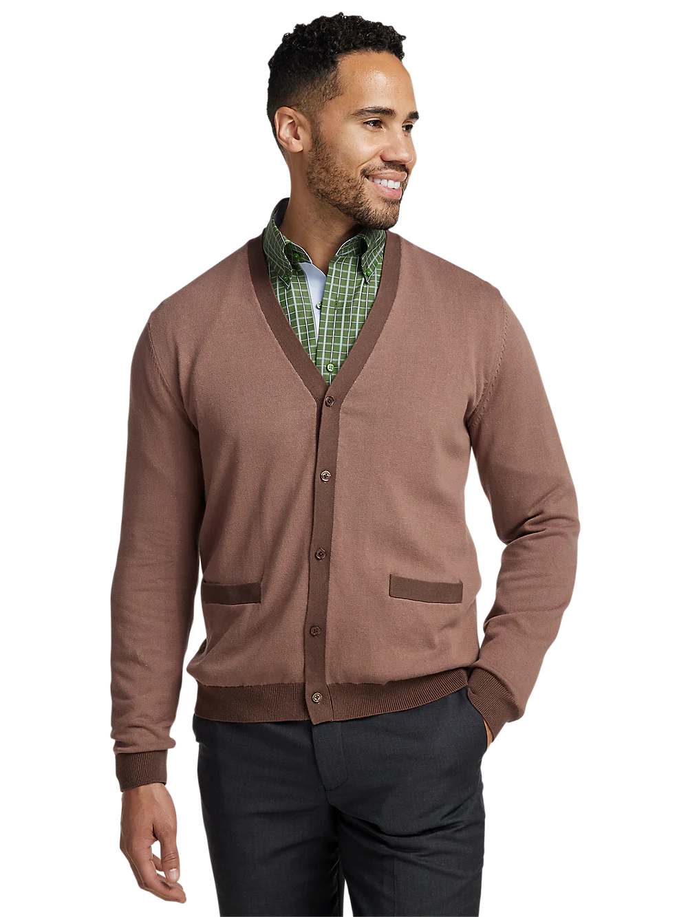 Cotton Button Front V-neck Cardigan - Brown - Image 2
